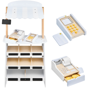 Gemüsestand - Holzstand mit Kisten, Kasse und Terminal