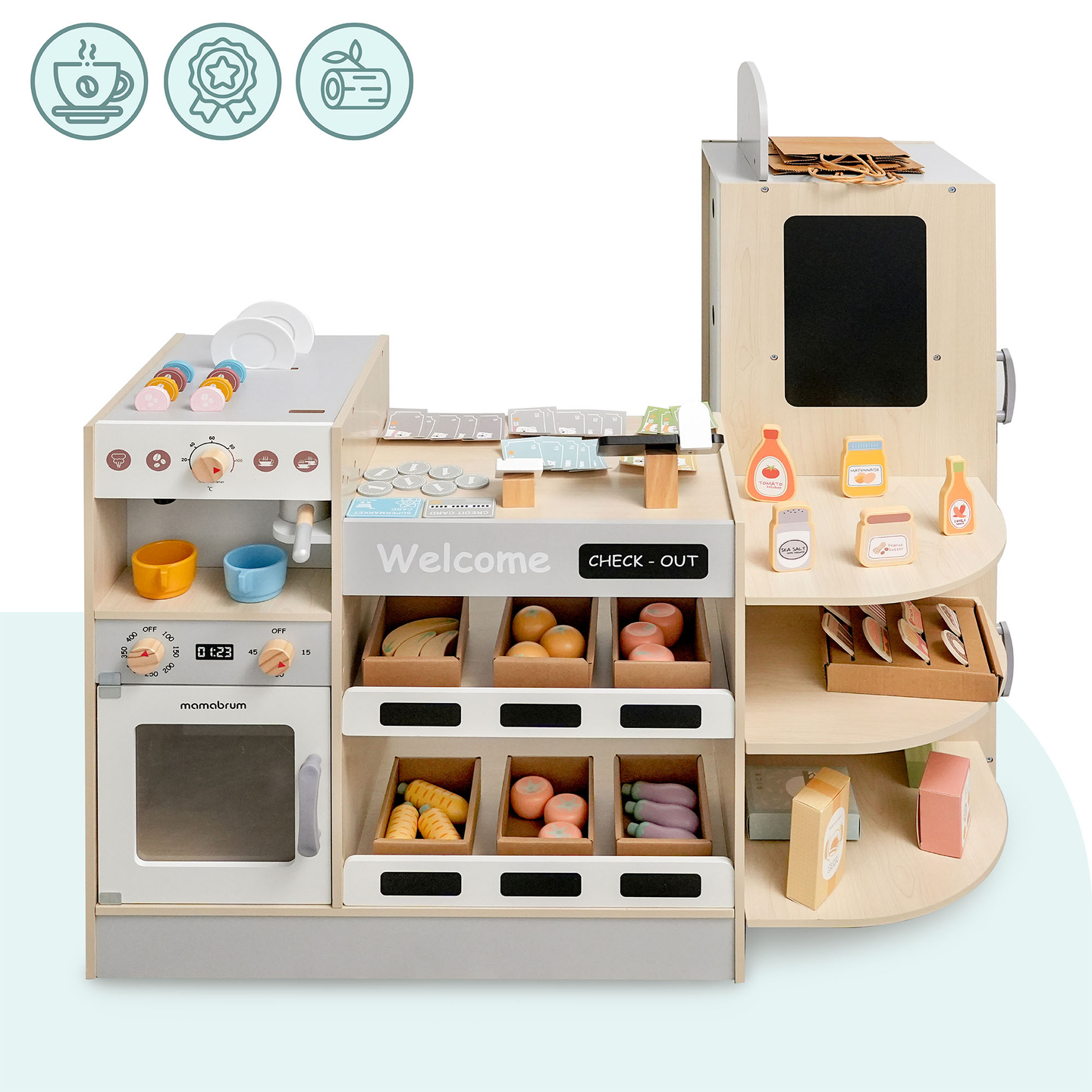 Großer XXXL-Holzladen für Kinder mit Schnellimbiss - Eckladen + Kaffeemaschine + Backofen + Kühlschrank - 106 ac.