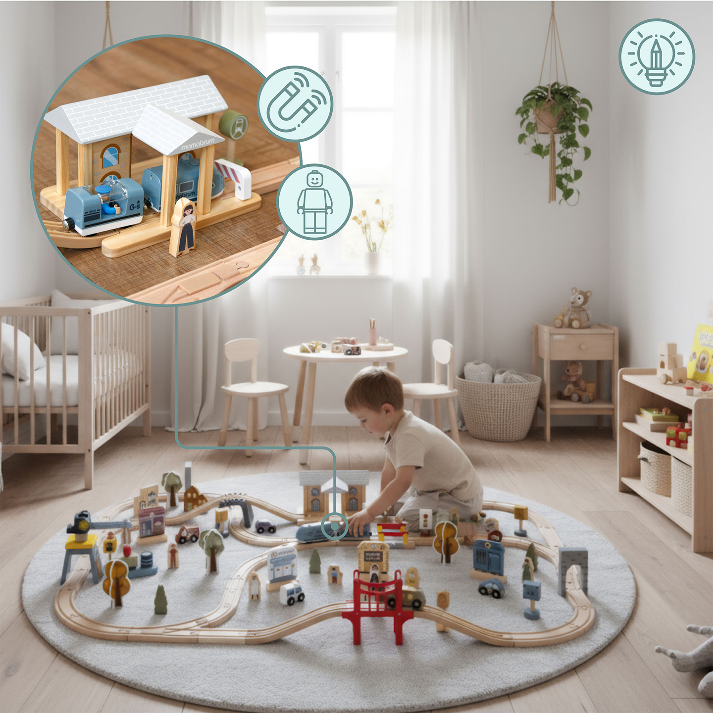 Hölzerne Stadteisenbahn mit elektrischer Lokomotive – beweglicher Kran, Schiff, Brücken