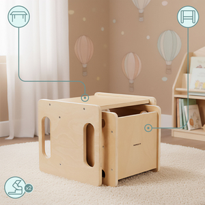 Holztisch und Stuhl mit Trittsteinfunktion – ein multifunktionales Montessori-Set für Kinder