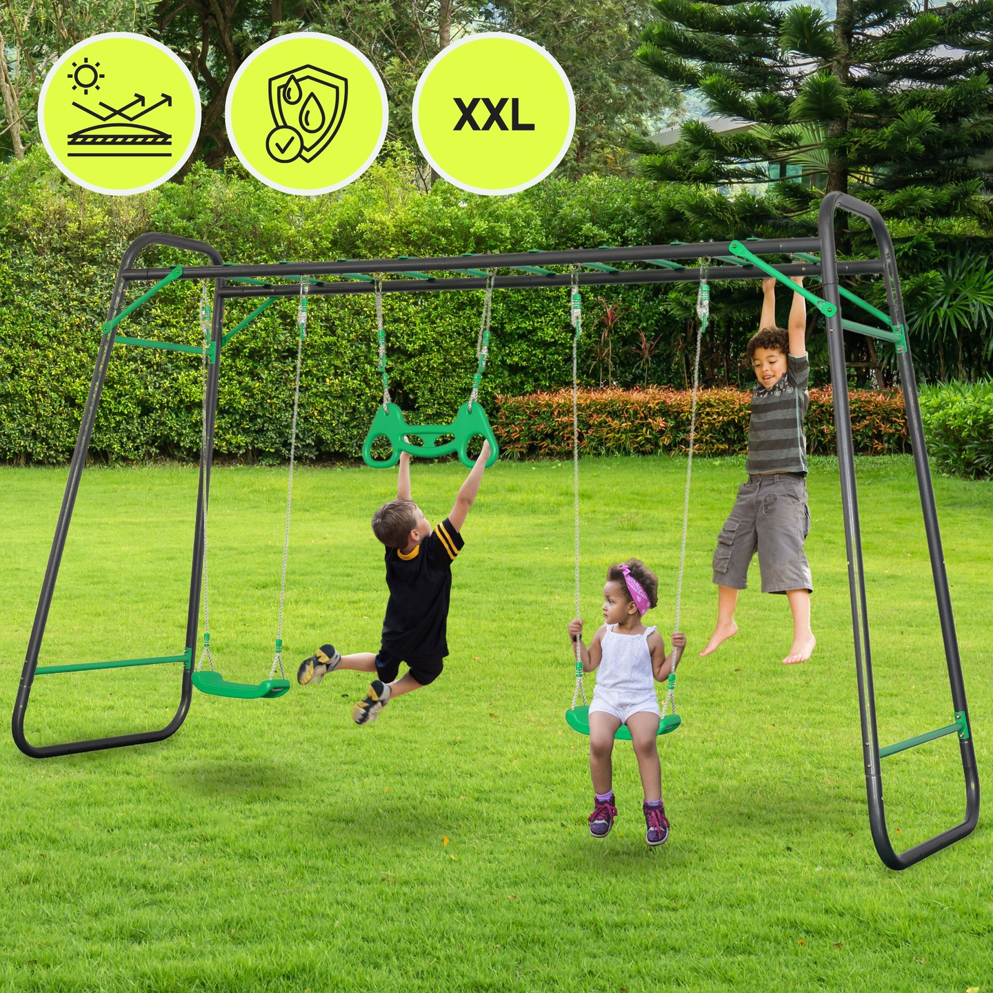 XXL-Stahl-Gartenschaukel - 2 Sitze, Leiter, Gymnastik-Trapez