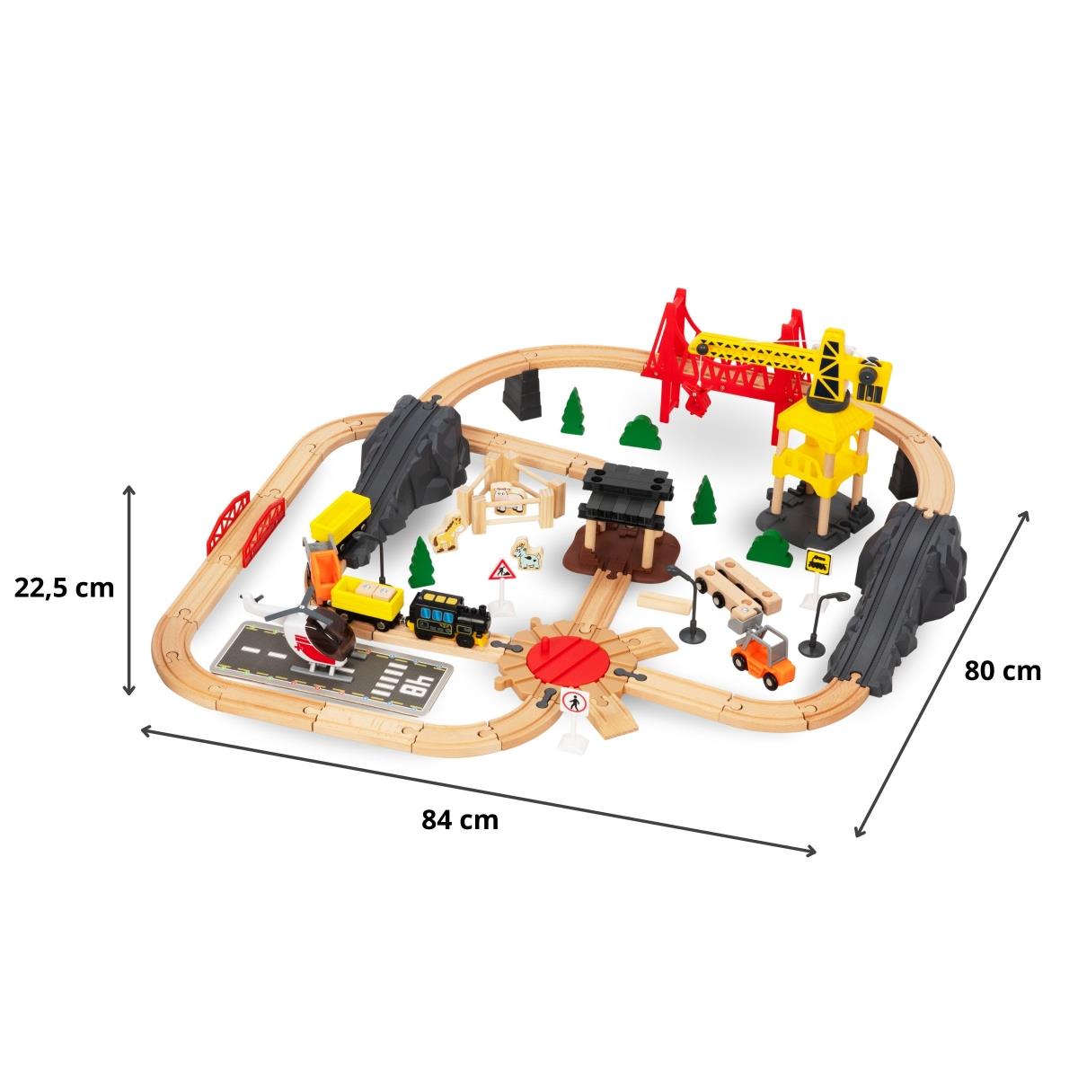 Holzeisenbahn, batteriebetriebener Zug – Stadt: Gleise, Autos, Brücke, Flughafen
