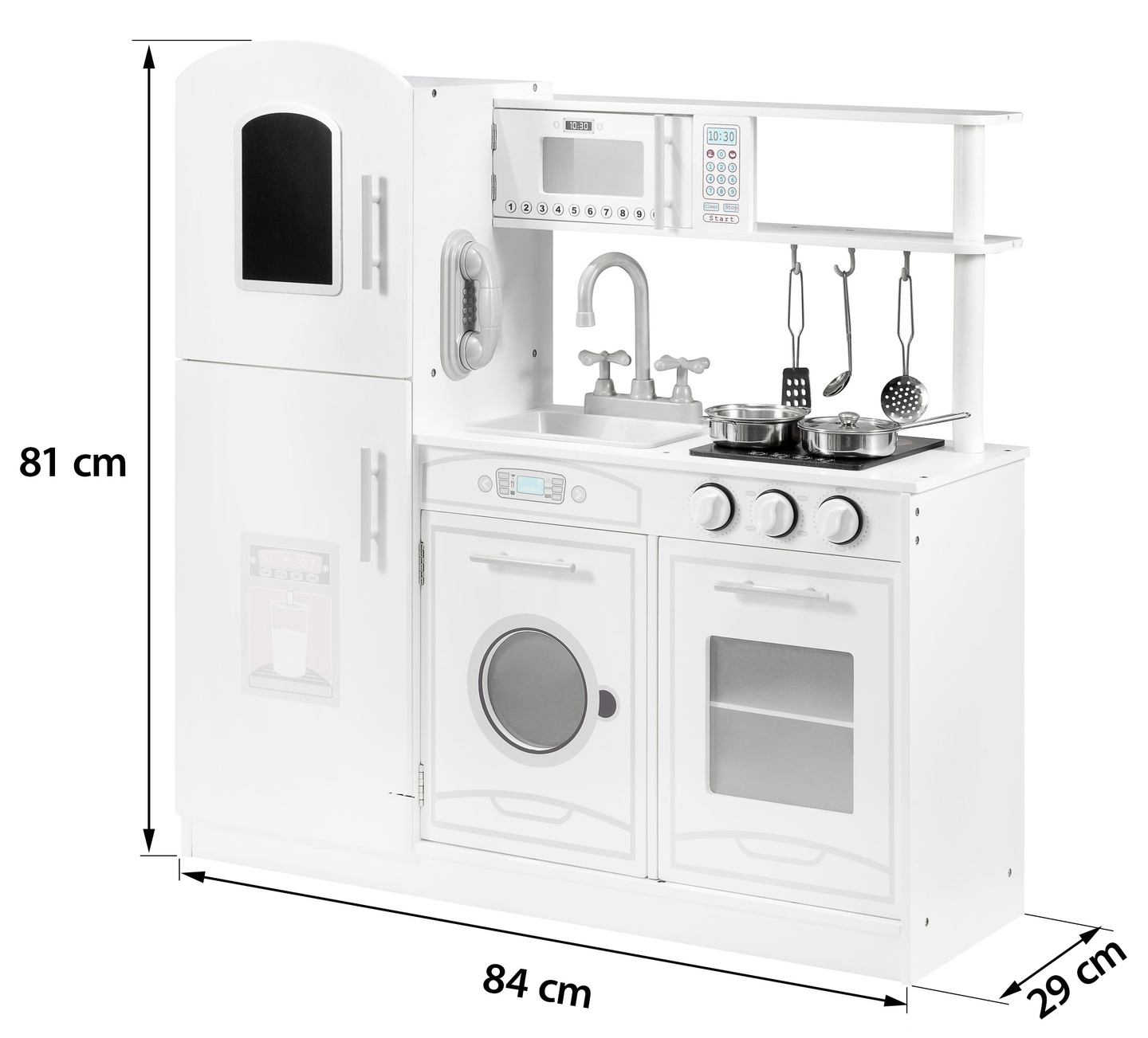Großes weiße Küche aus Holz mit Zubehör und Schürze
