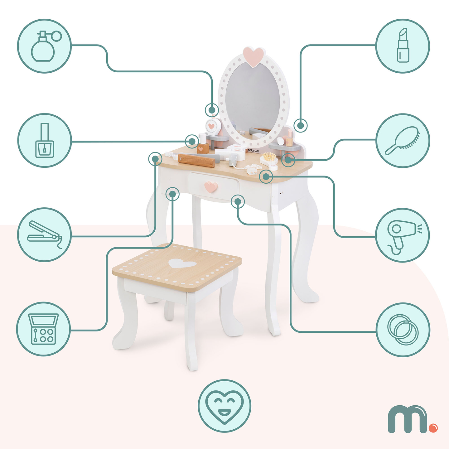 Frisiertisch aus Holz mit Hocker und Zubehör