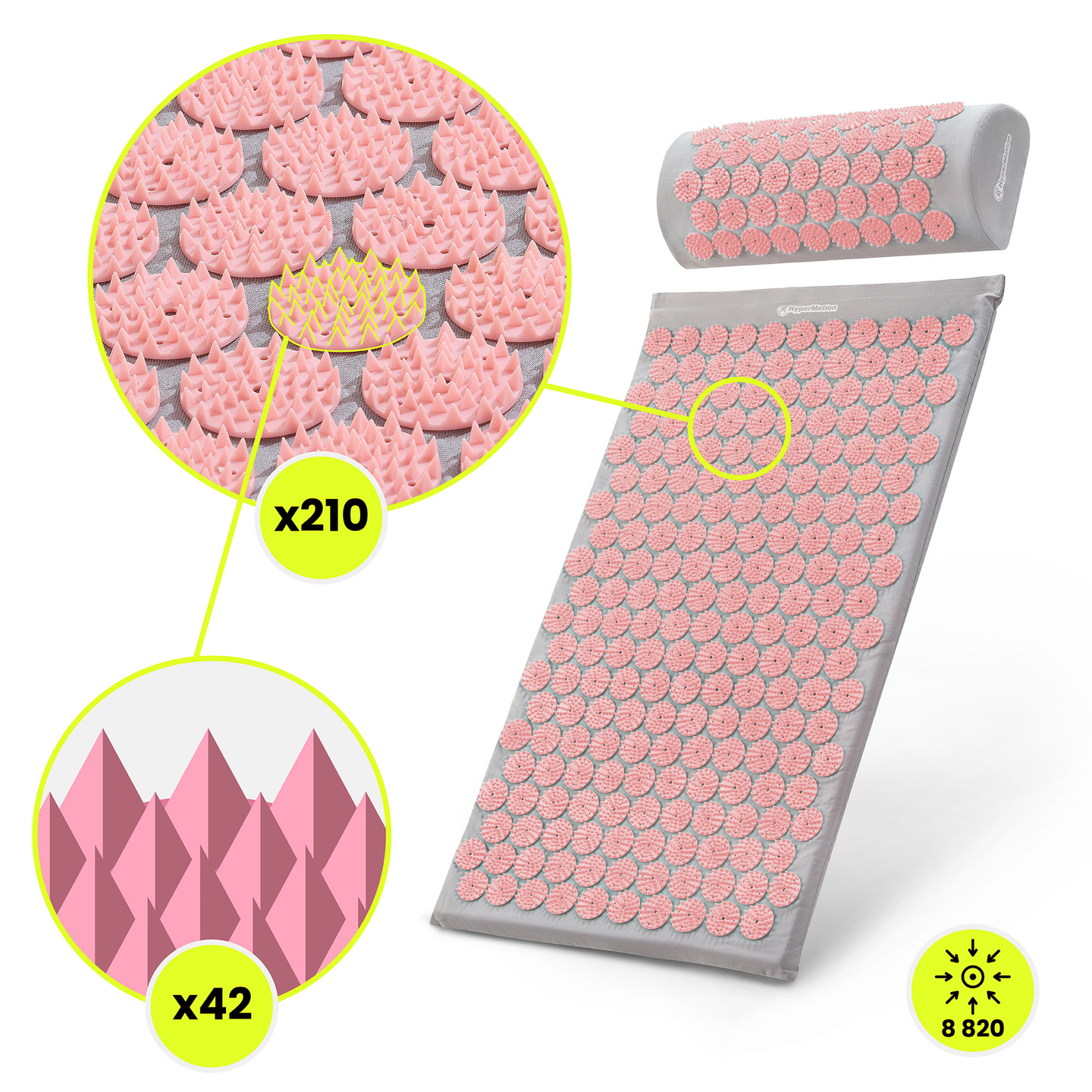 Akupressurmatte mit Kissen und Bezug – 72 cm, HyperMotion, grau und rosa