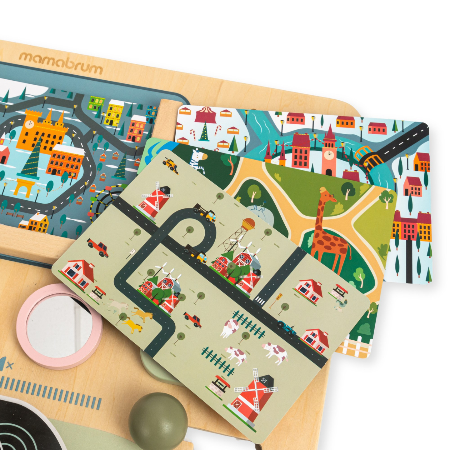 Montessori-Holzbrett 2 in 1 Cockpit für den kleinen Fahrer und Piloten – Lenkrad, Gangschaltung, Reisekarten, Radar