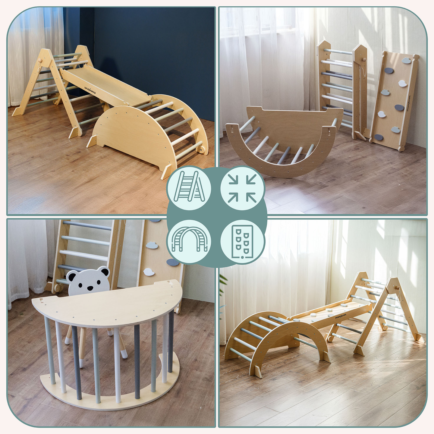 Indoor-Spielplatz aus Holz für Kinder – Kletterwand, Rutsche, Kletterbogen/-wippe und Pikler-Dreieck