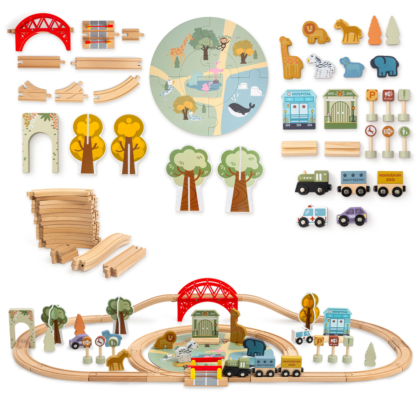 Holz-Zoo-Zug – Puzzle, Zug, Gleise, Tiere, Brücke, Barriere