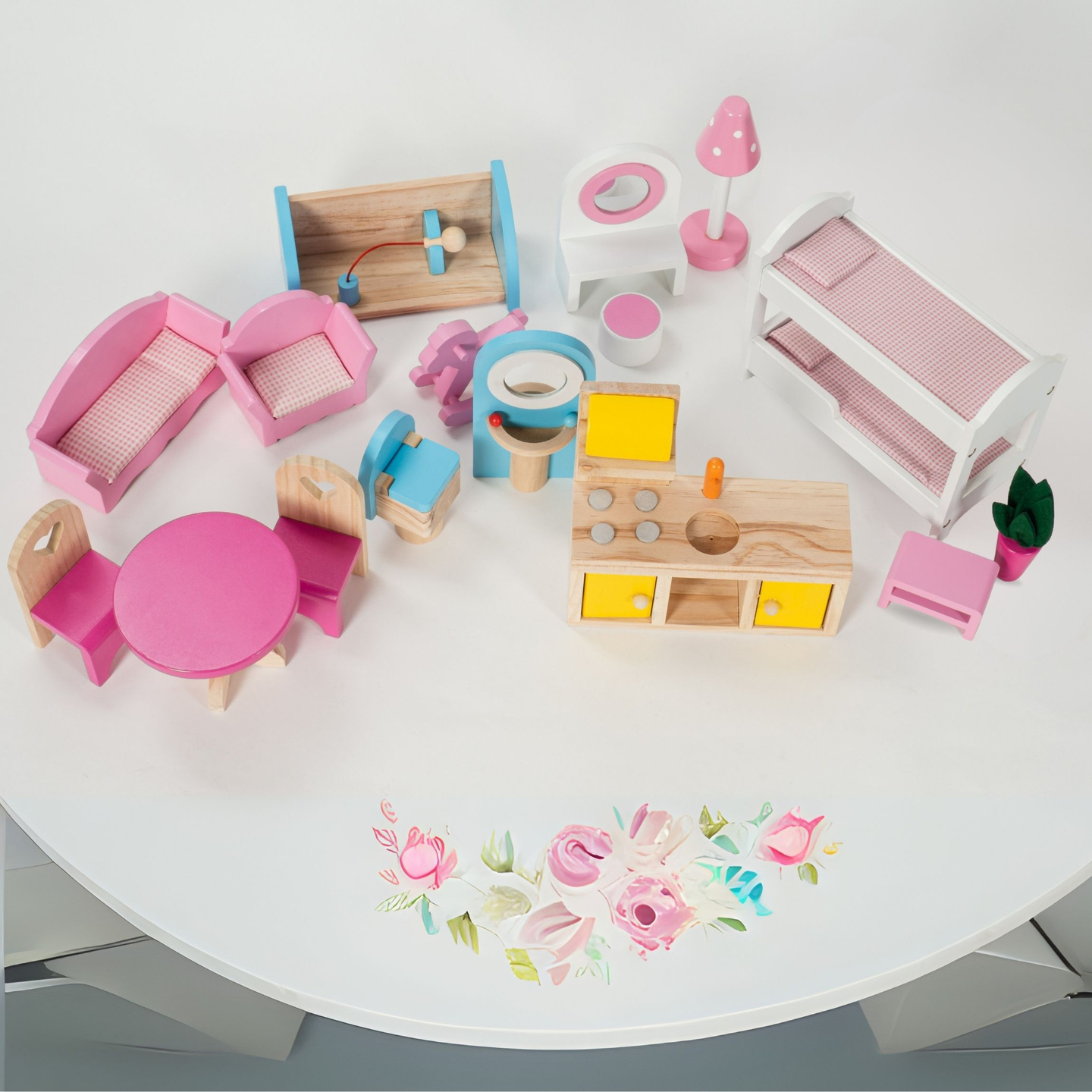 Großes 3-stöckiges Holzpuppenhaus mit Terrasse, Möbelset und LED-Beleuchtung!