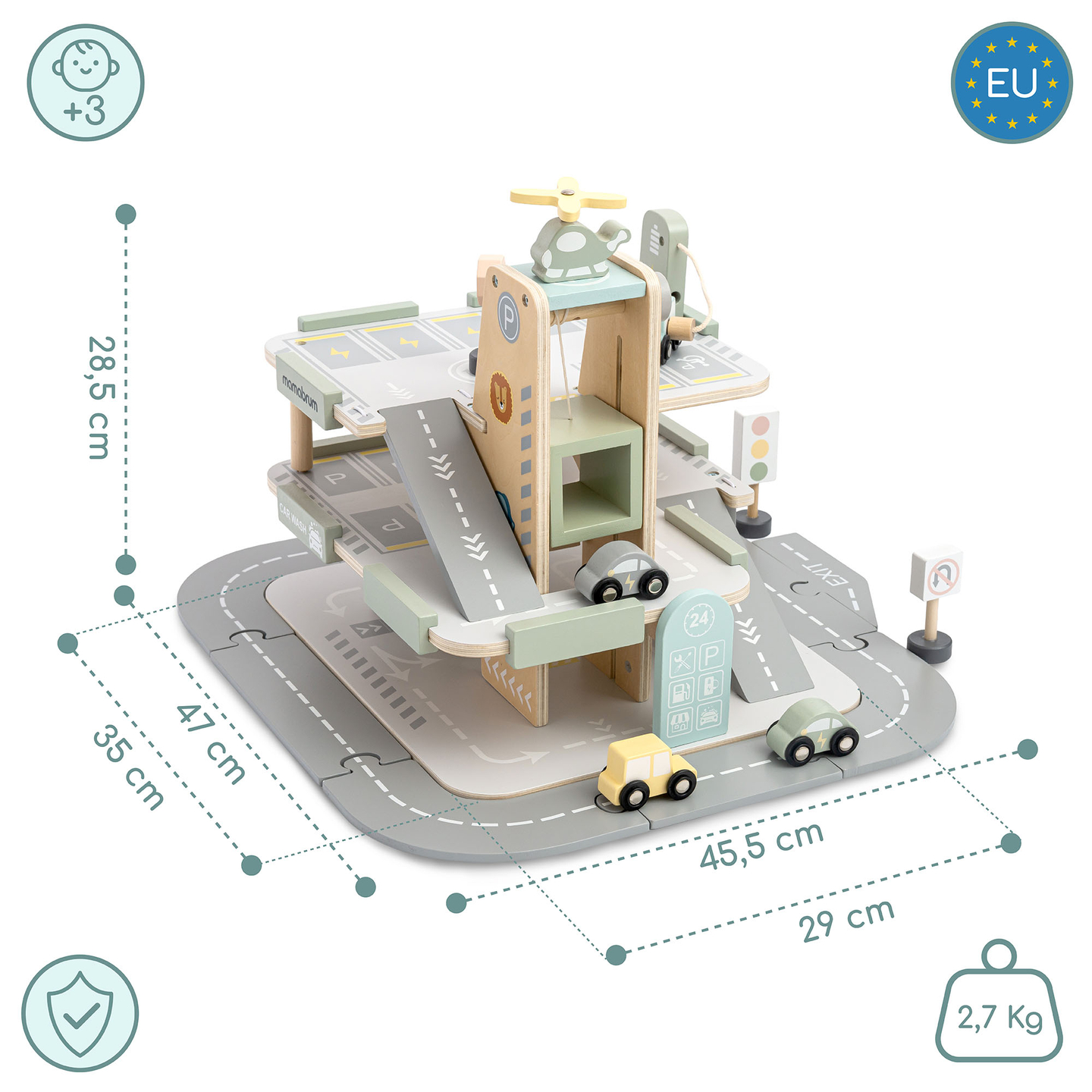 Dreistöckige Holzgarage für Kinder mit Zubehör – Parkplatz, Tankstelle, Autowaschanlage, Hubschrauber