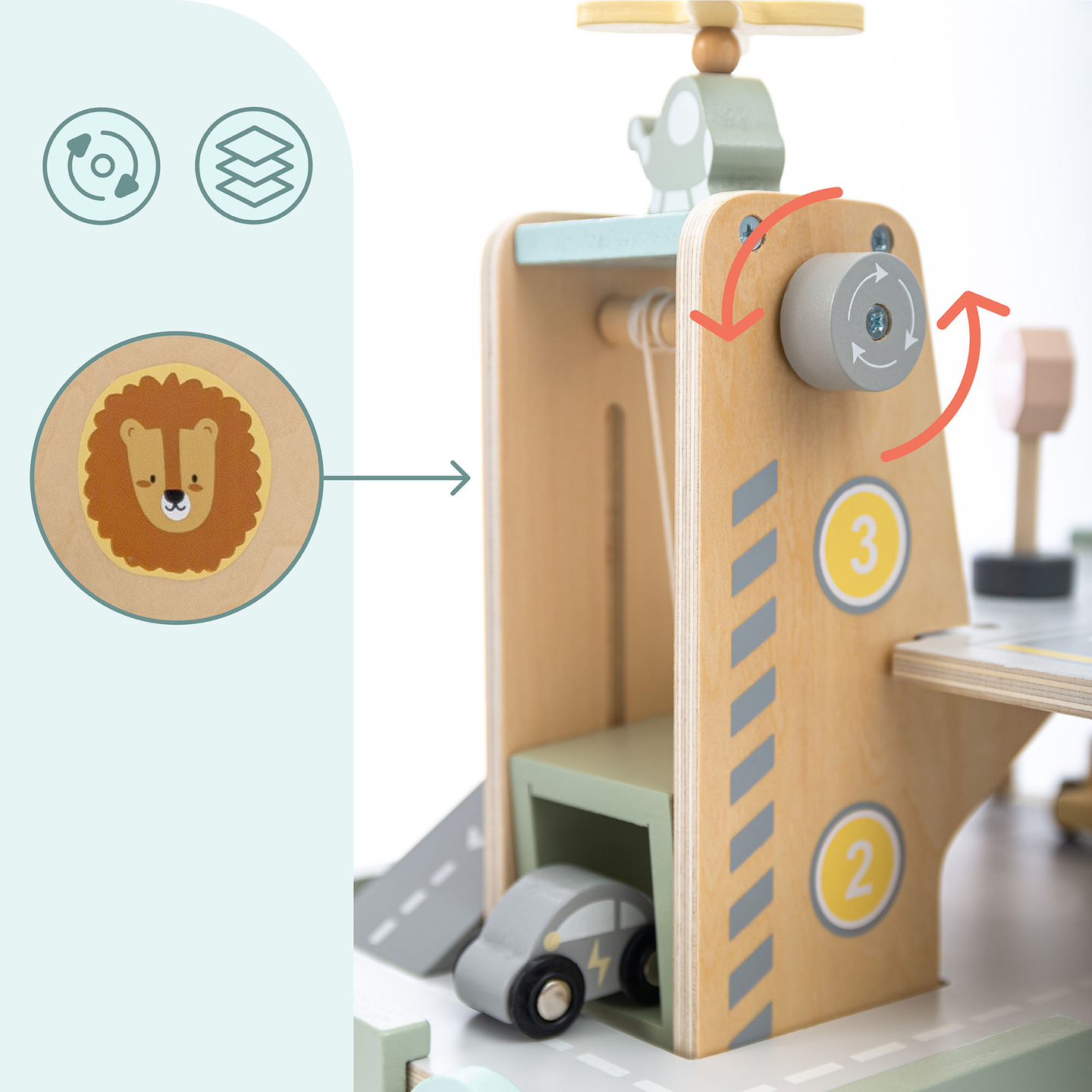 Dreistöckige Holzgarage für Kinder mit Zubehör – Parkplatz, Tankstelle, Autowaschanlage, Hubschrauber