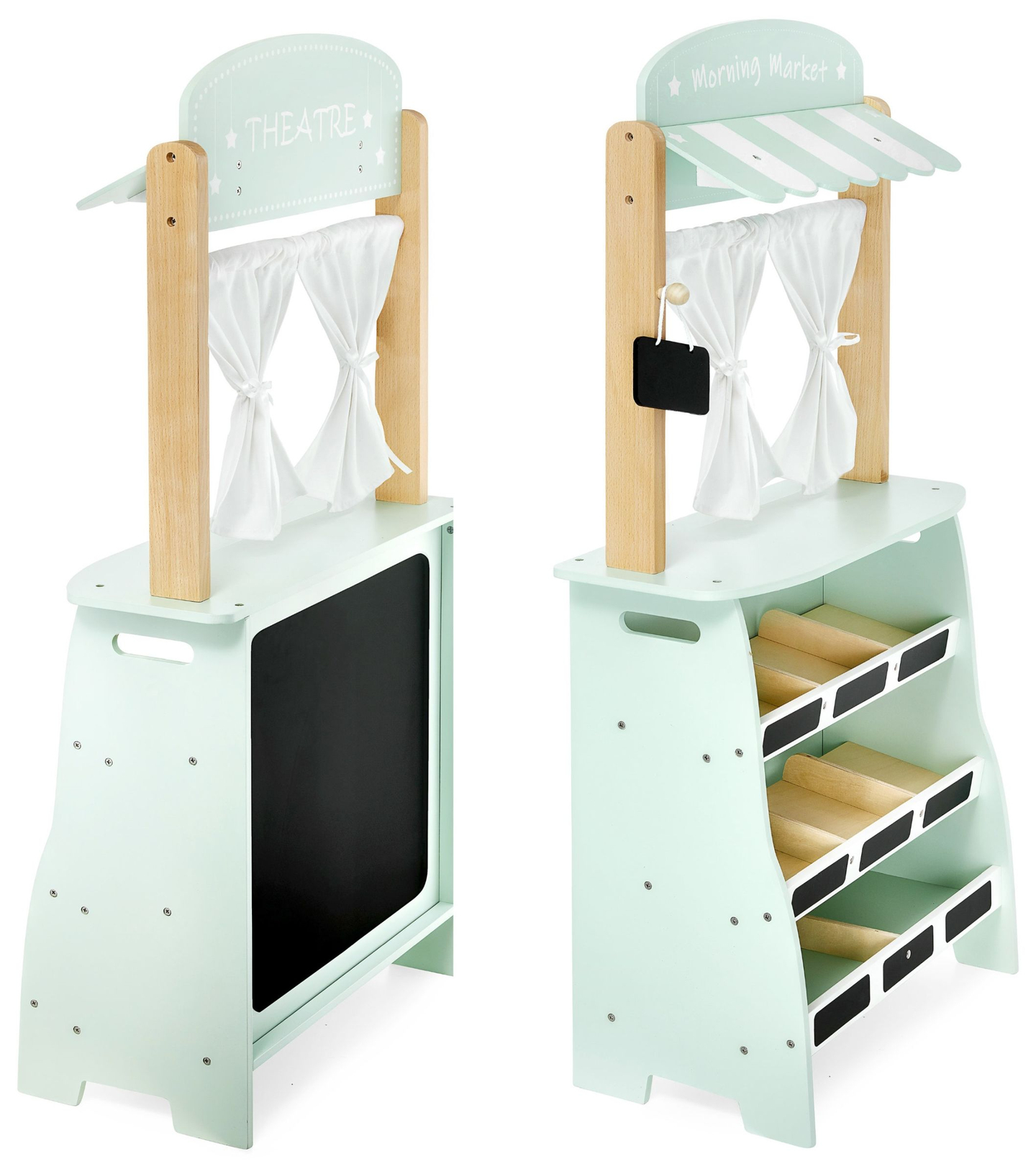 Großer Holzladen - Verkaufsstand und 2-in-1-Theater mit Waage, Bezahlterminal, Gemüse und Obst