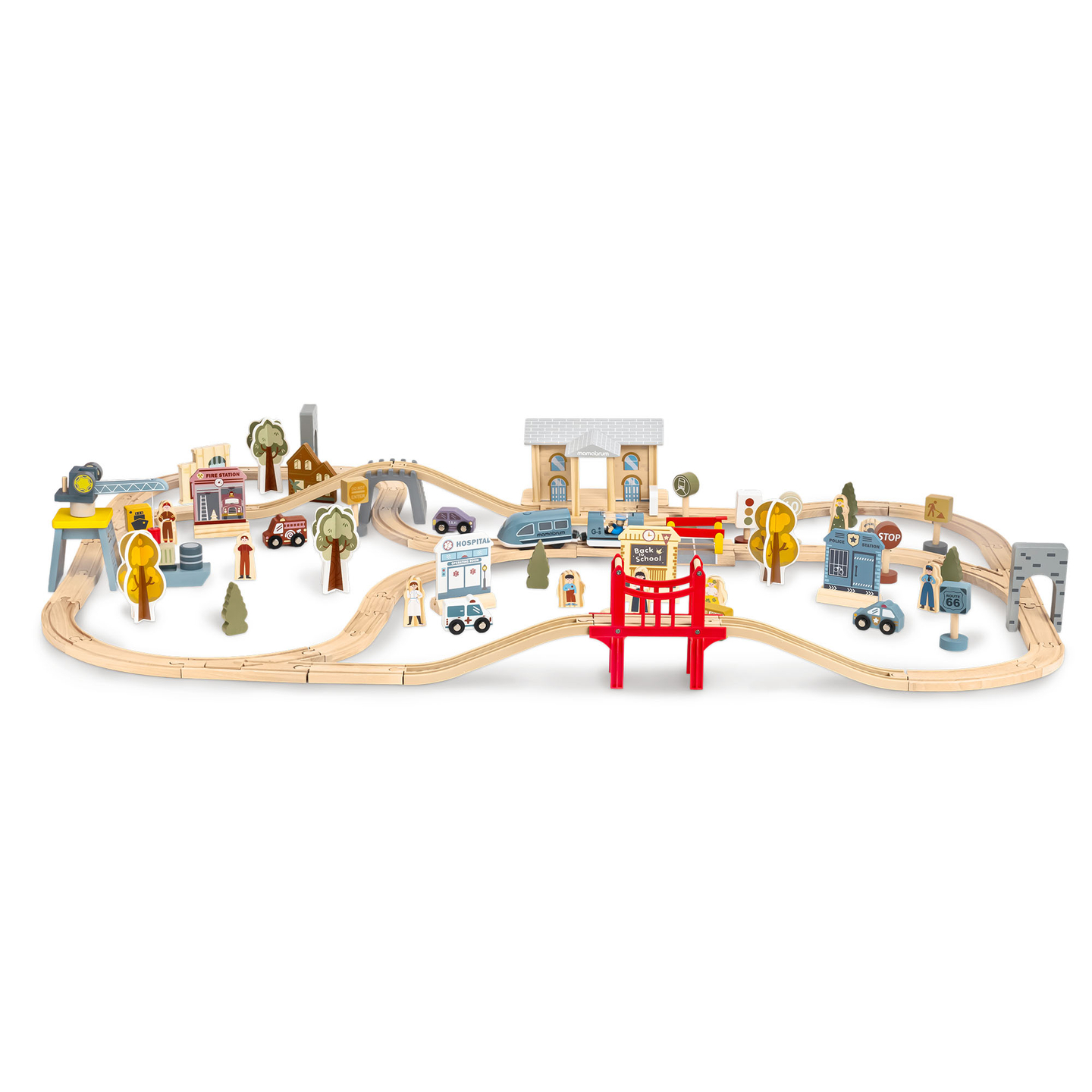 Hölzerne Stadteisenbahn mit elektrischer Lokomotive – beweglicher Kran, Schiff, Brücken