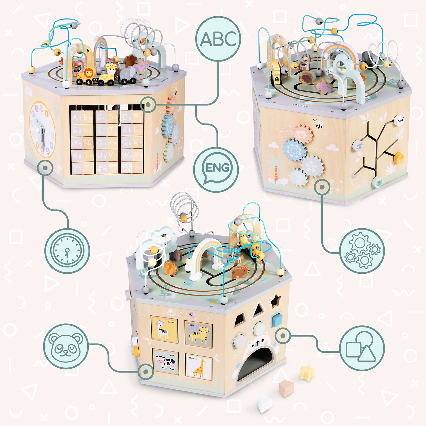 Großer Lernwürfel aus Holz – ein Montessori-Spielzeug mit Magnetzug und Motorschleifen