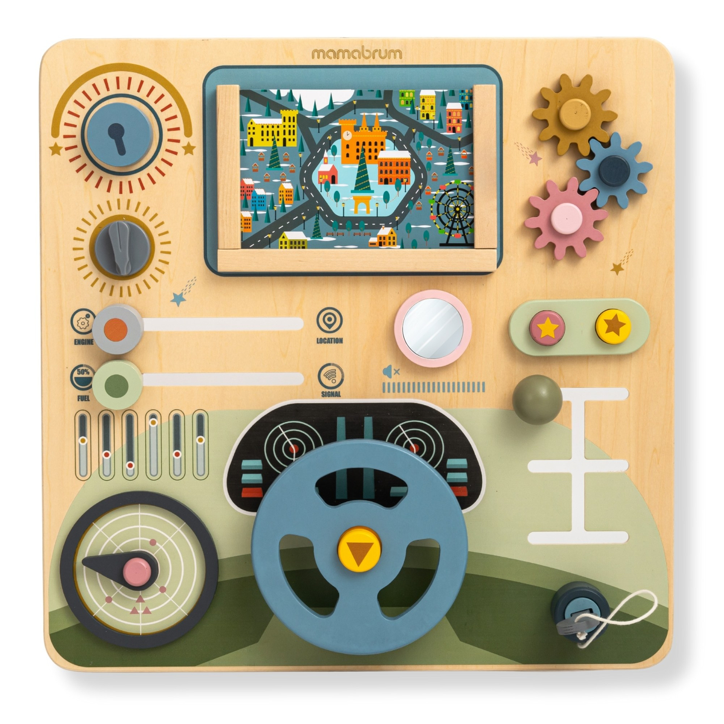 Montessori-Holzbrett 2 in 1 Cockpit für den kleinen Fahrer und Piloten – Lenkrad, Gangschaltung, Reisekarten, Radar