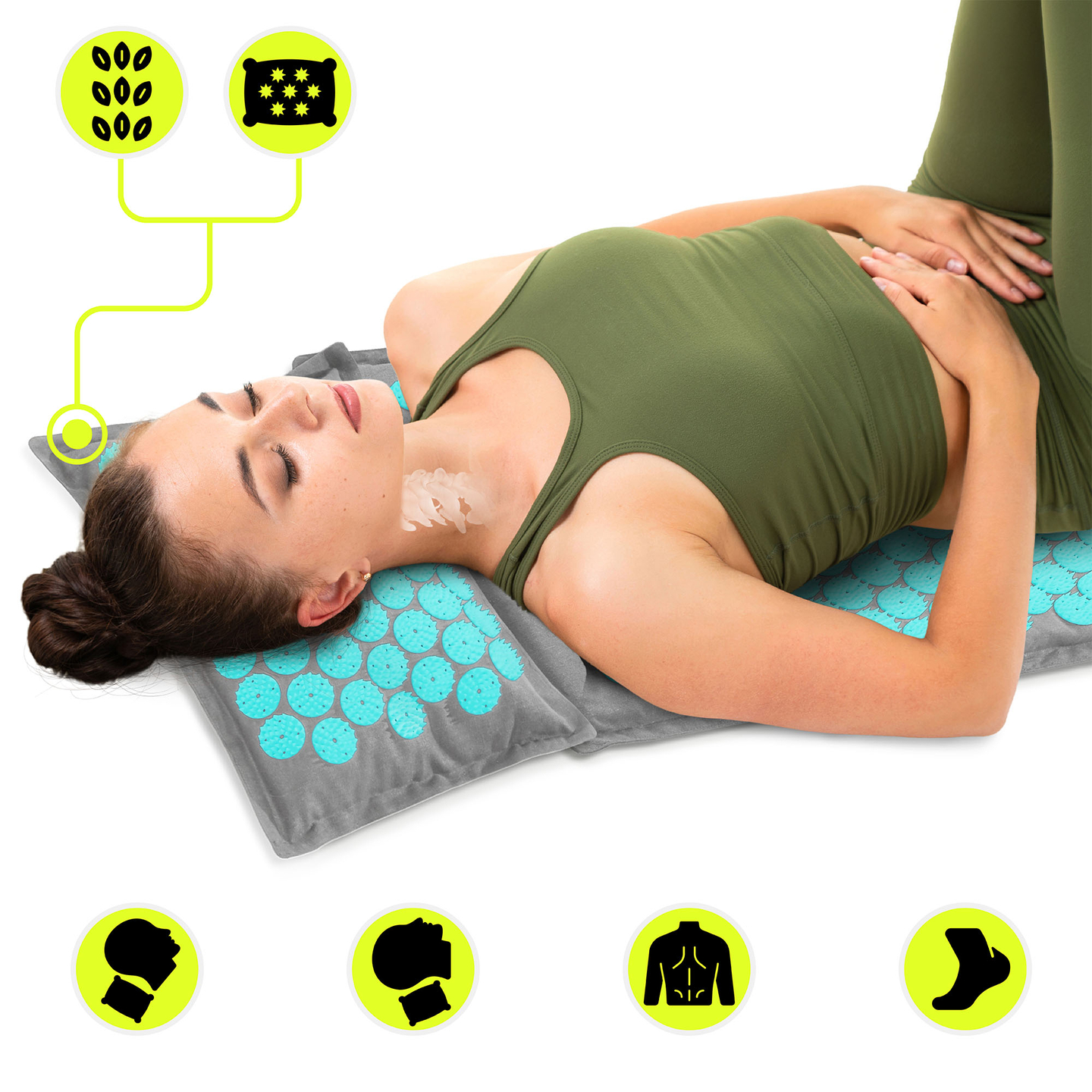 ECO Leinen-Akupressurmatte mit Kokosfaser- und Buchweizenkissen – 68 cm HyperMotion Grau-Mint