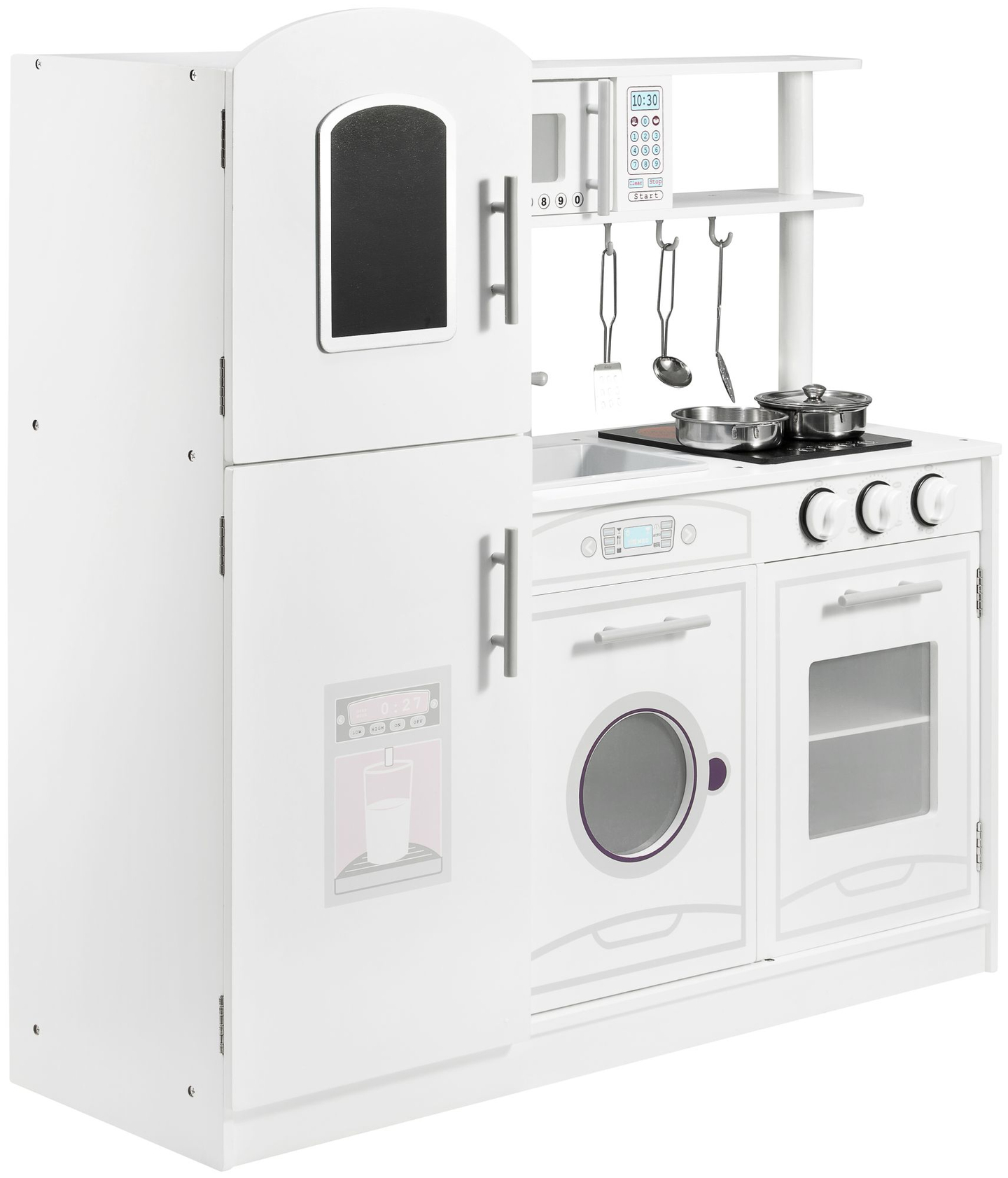 Großes weiße Küche aus Holz mit Zubehör und Schürze