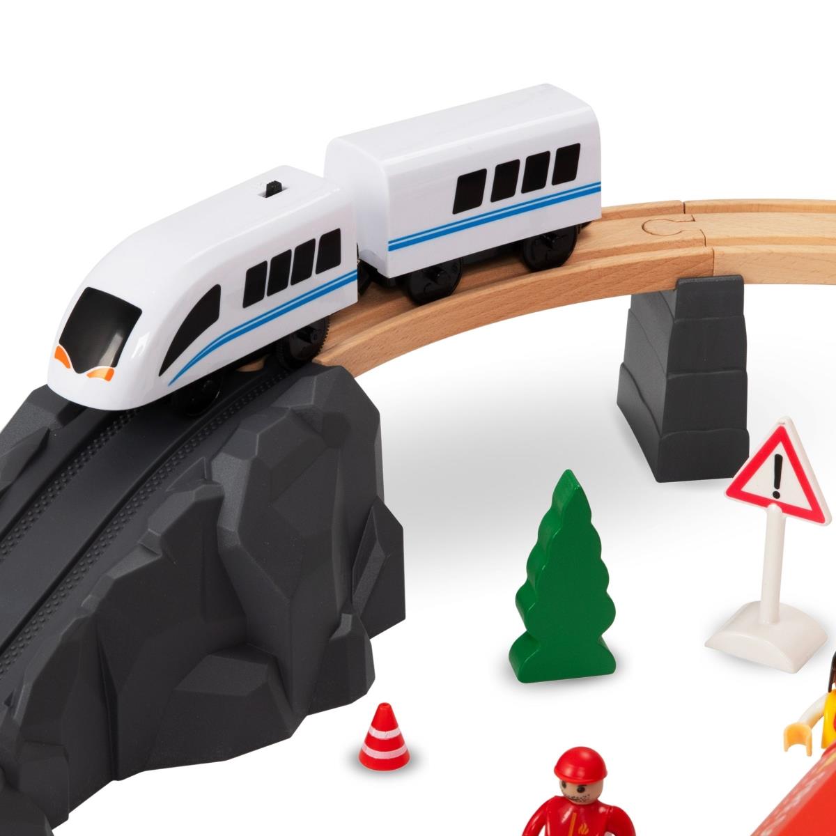 Holzeisenbahn, batteriebetriebener Zug – Feuerwehr, Gleise, Autos, Brücken, Schranke