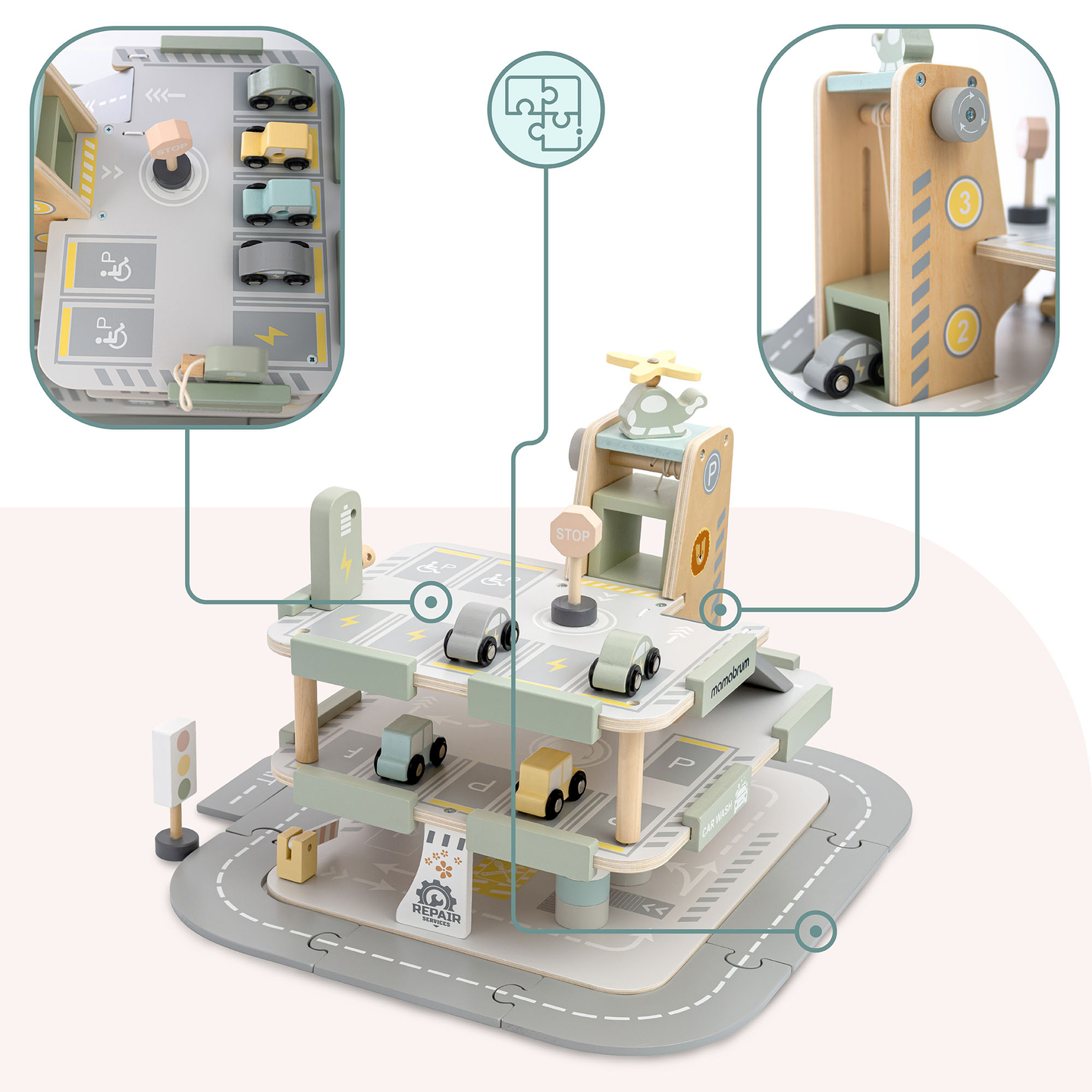 Dreistöckige Holzgarage für Kinder mit Zubehör – Parkplatz, Tankstelle, Autowaschanlage, Hubschrauber