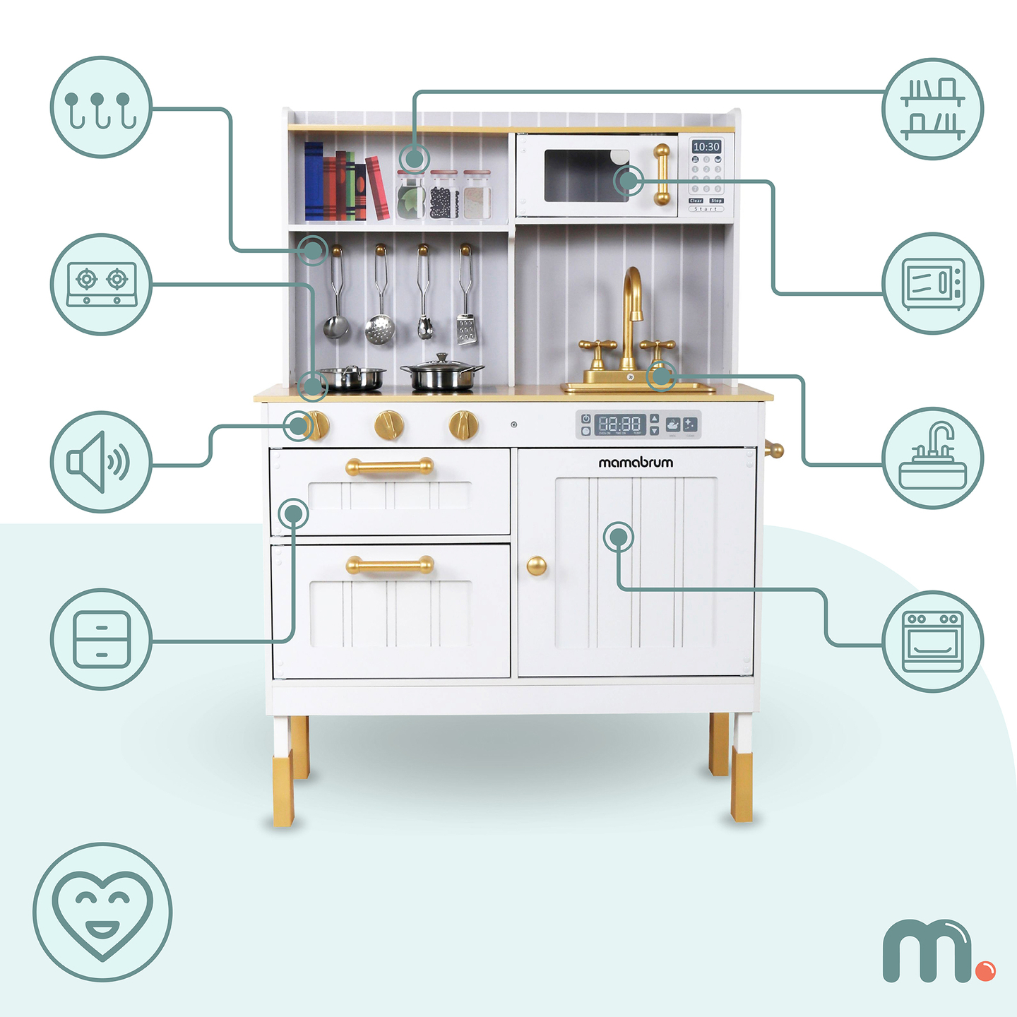 Weiße Holzküche mit Zubehör und Schürze