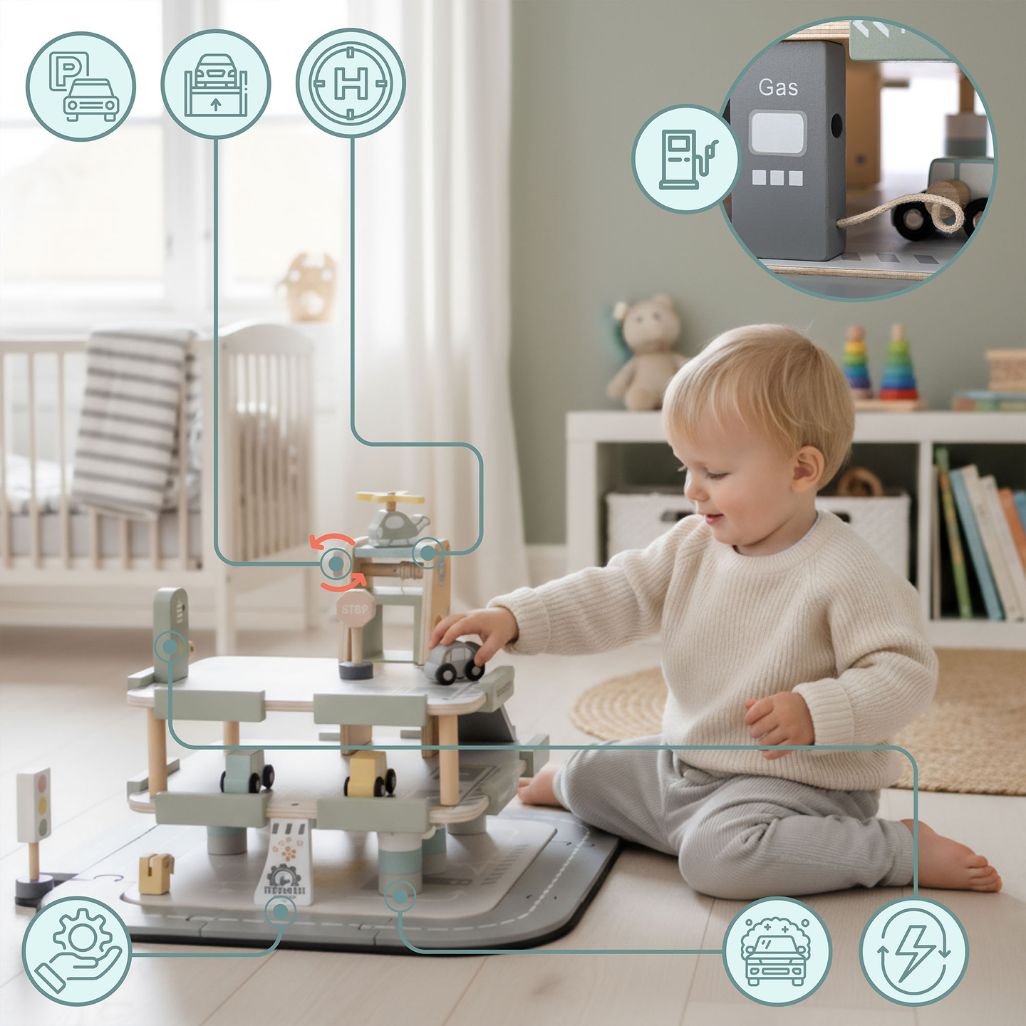 Dreistöckige Holzgarage für Kinder mit Zubehör – Parkplatz, Tankstelle, Autowaschanlage, Hubschrauber