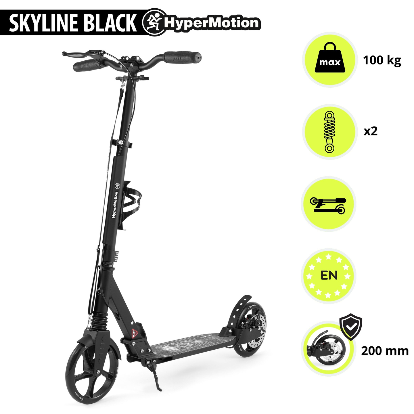 Zweirädriger Roller für junge Erwachsene - mit Stoßdämpfer - HyperMotion Skyline - schwarz, Aluminium - 100kg