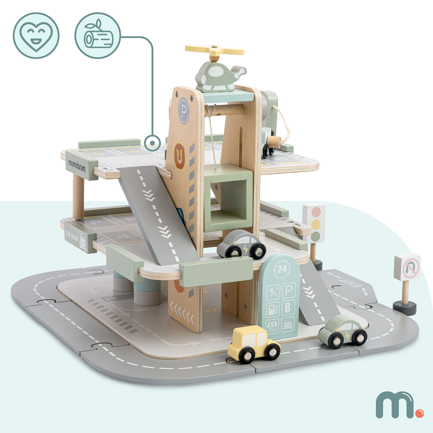 Dreistöckige Holzgarage für Kinder mit Zubehör – Parkplatz, Tankstelle, Autowaschanlage, Hubschrauber