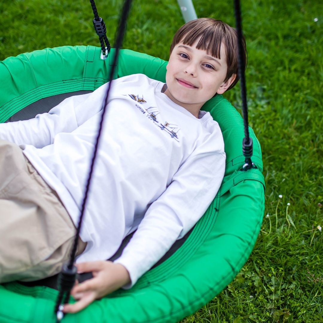 Doppelschaukel mit Gestell und Seilen – Sitz und Storchennest