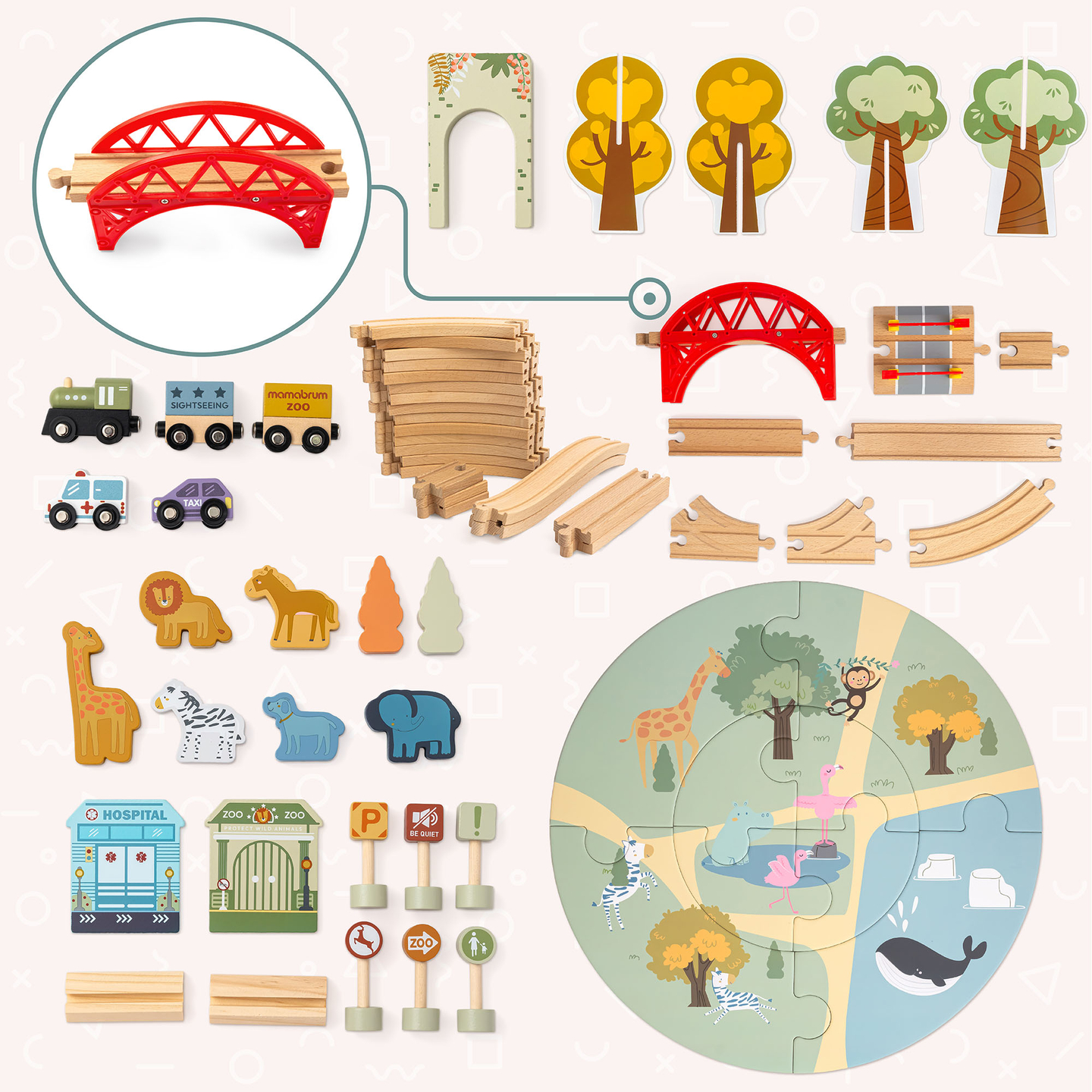 Holz-Zoo-Zug – Puzzle, Zug, Gleise, Tiere, Brücke, Barriere