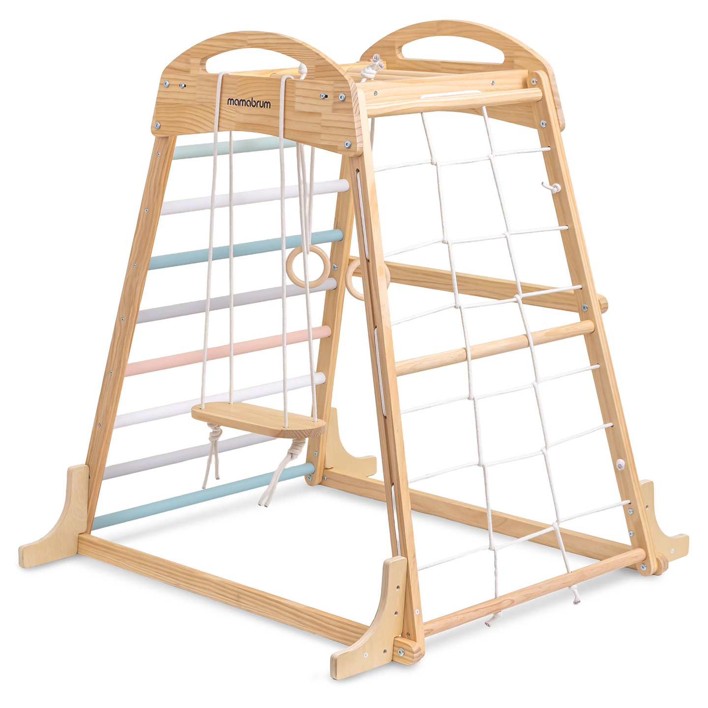 Indoor-Spielplatz aus Holz mit Schaukel, Turnringen und Kletternetz