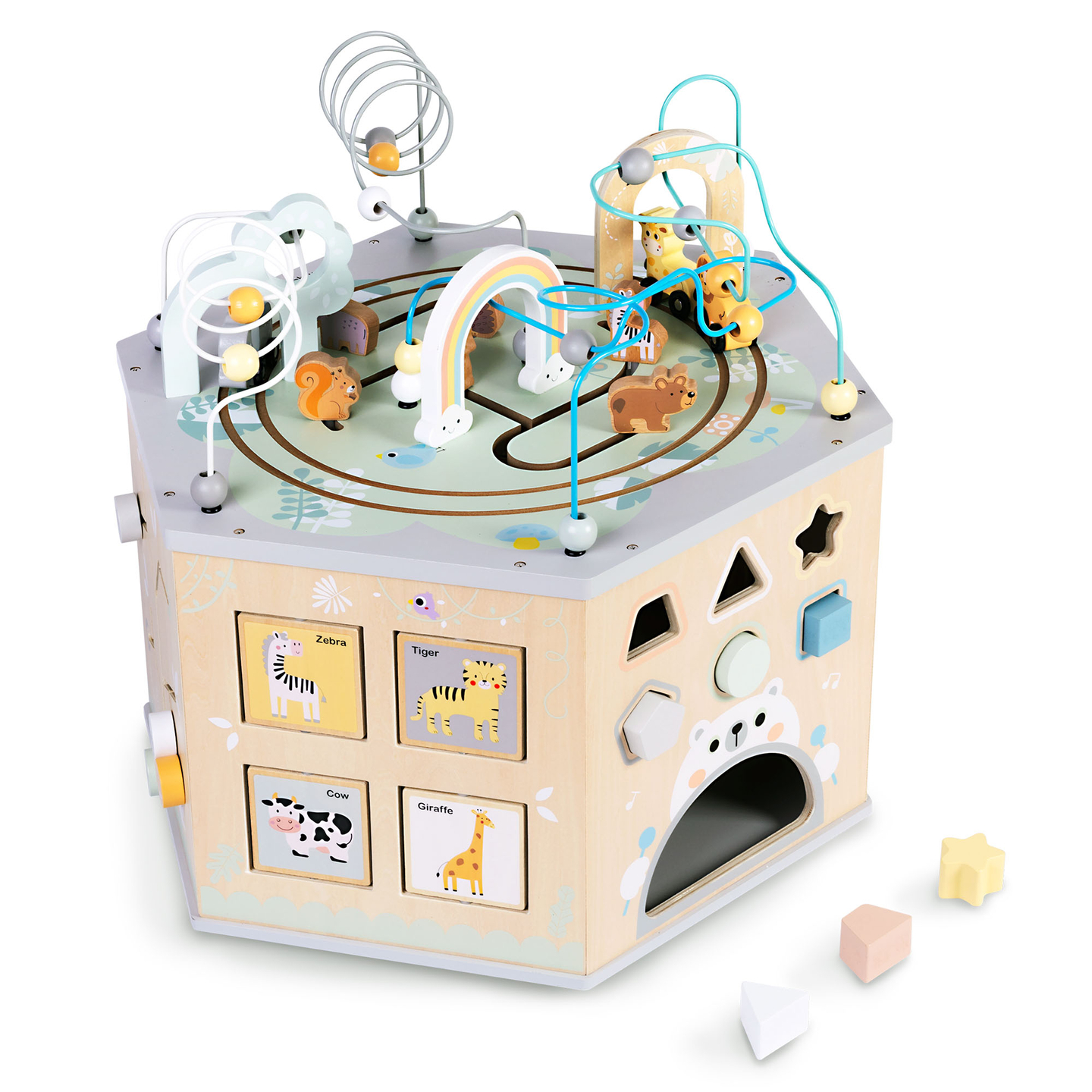 Großer Lernwürfel aus Holz – ein Montessori-Spielzeug mit Magnetzug und Motorschleifen