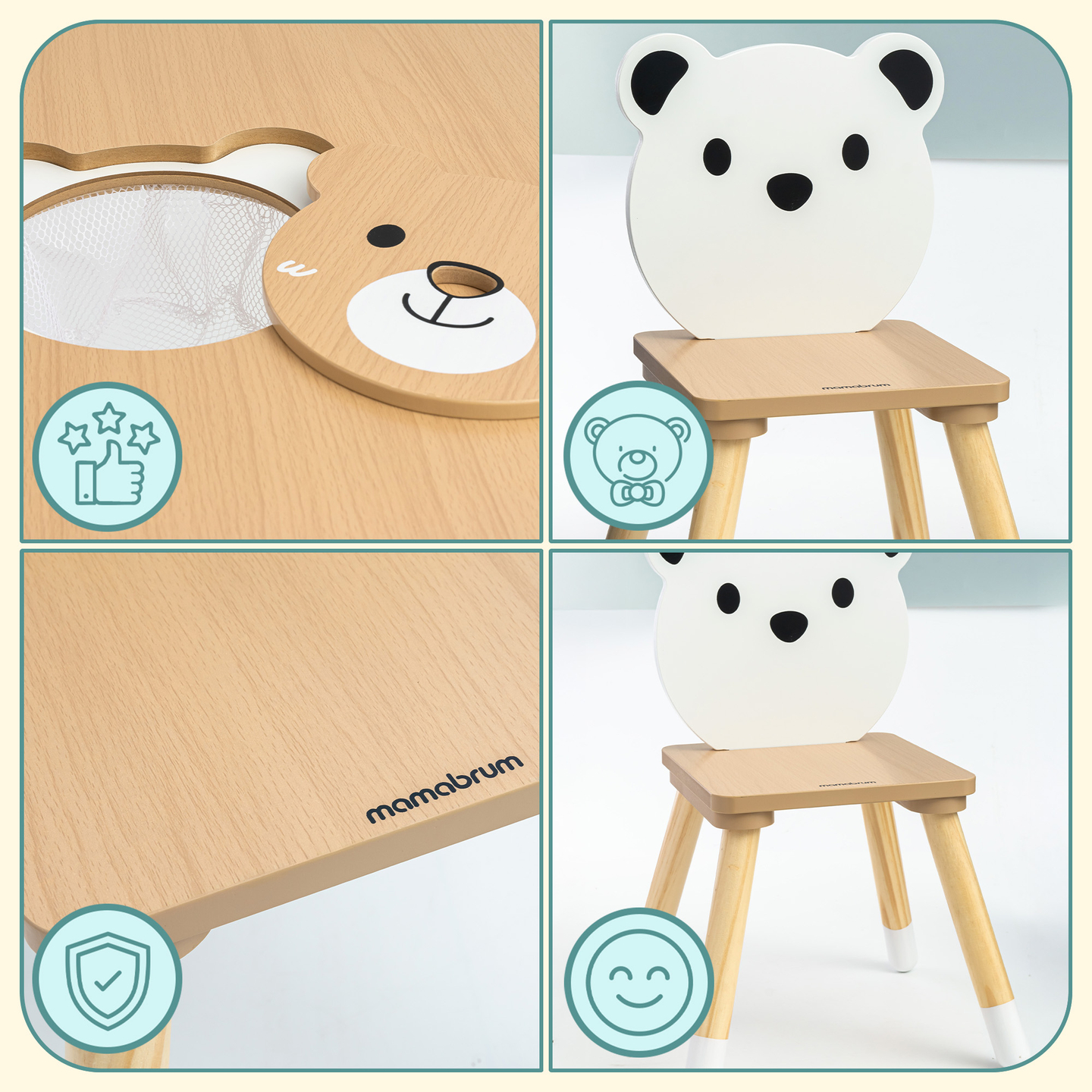 Holztisch mit Stauraum und 2 Stühlen Kinderset - Süßer Teddybär