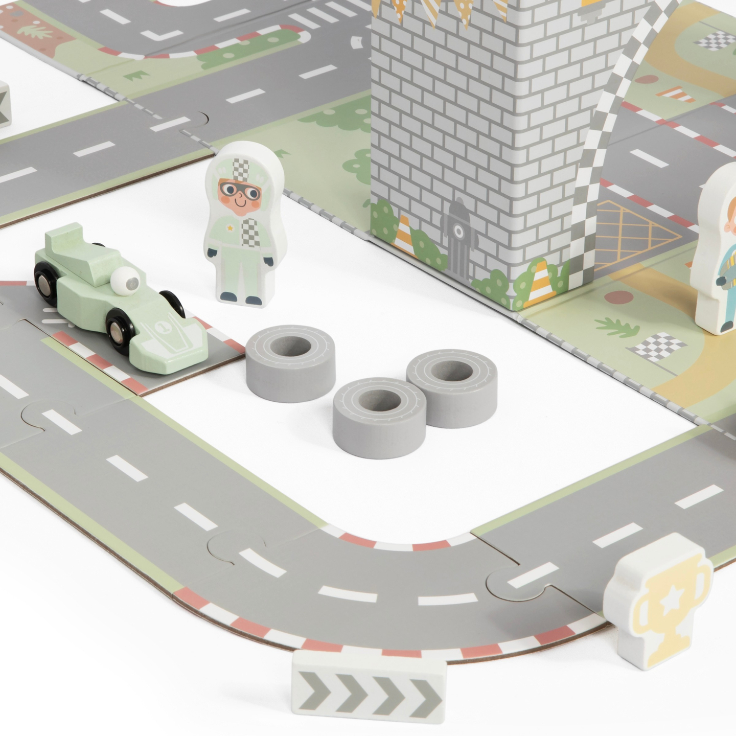 Magnetischer Koffer mit Rennstrecke, Holzfahrzeugen und Straßenzubehör