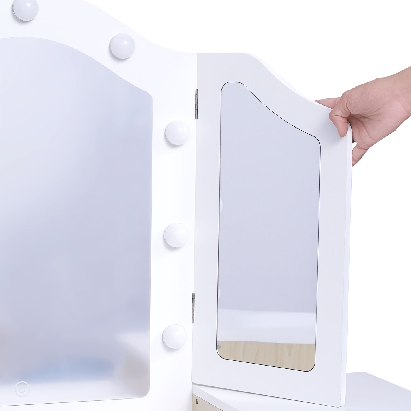 Kinderschminktisch aus Holz mit Stuhl, Zubehör und LED-Beleuchtung