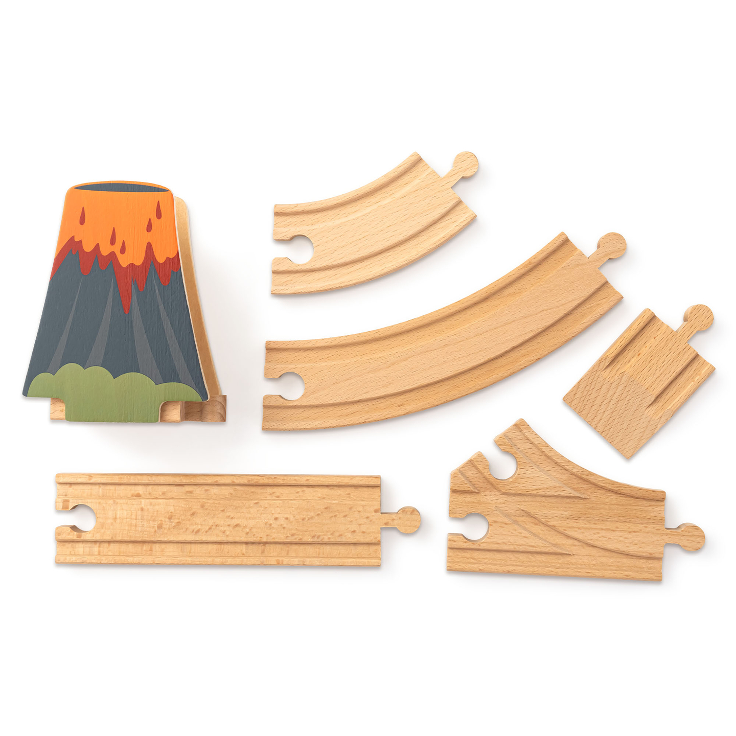 Dino Park Holzeisenbahn mit Antirutschmatte - Dinosaurier, Zug, Gleise, Vulkan, Glocke