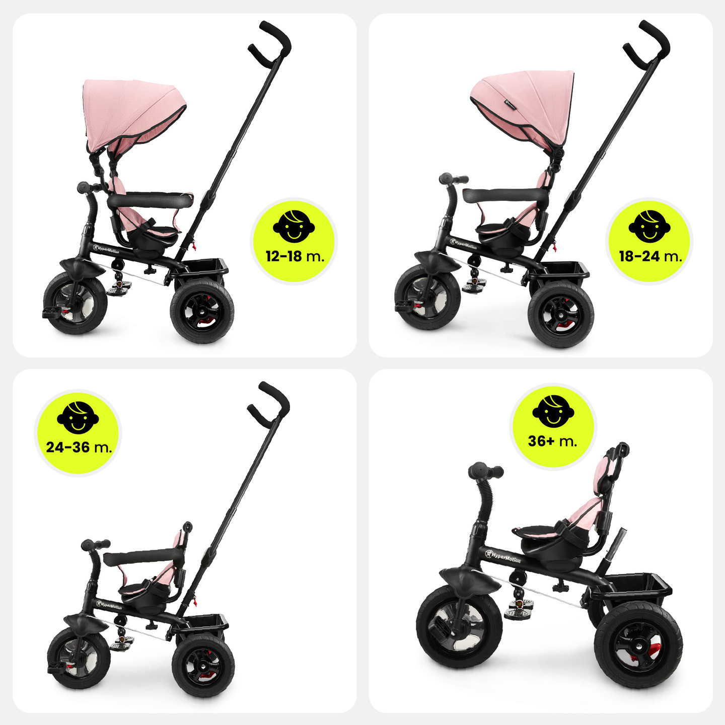 Dreirad für Kinder 1-4 Jahre - TOBI FREY - rosa Farbe - drehbar - gepumpte Räder + Schieber