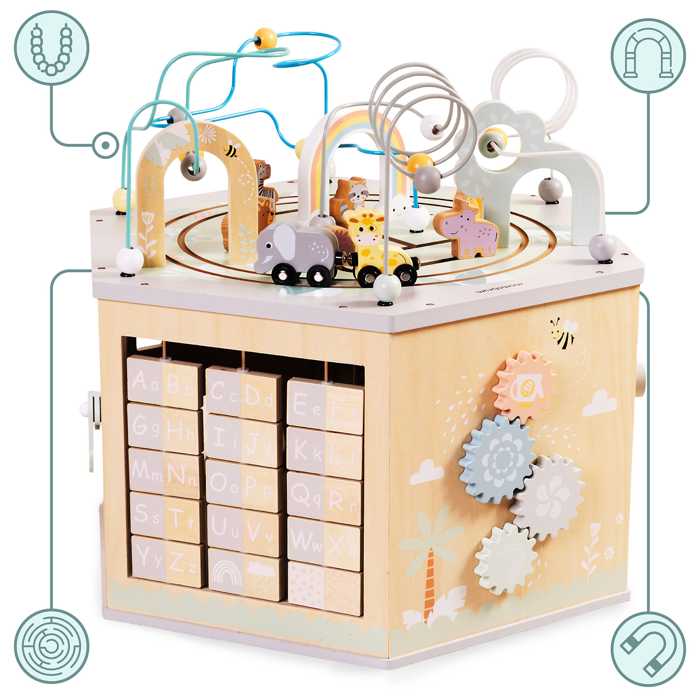 Großer Lernwürfel aus Holz – ein Montessori-Spielzeug mit Magnetzug und Motorschleifen