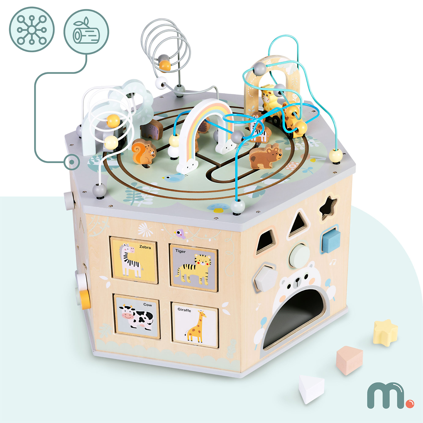 Großer Lernwürfel aus Holz – ein Montessori-Spielzeug mit Magnetzug und Motorschleifen