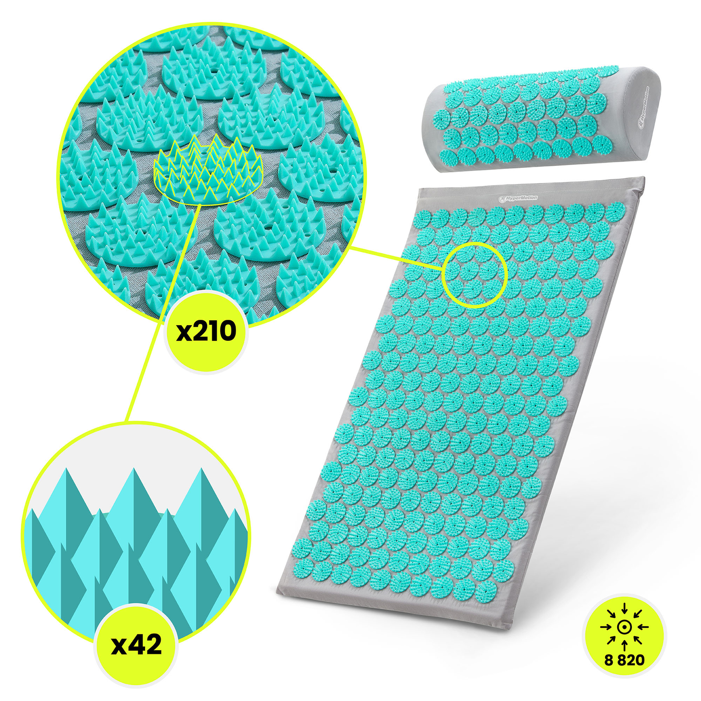 Akupressurmatte mit Kissen und Bezug - 72 cm HyperMotion grau-mint