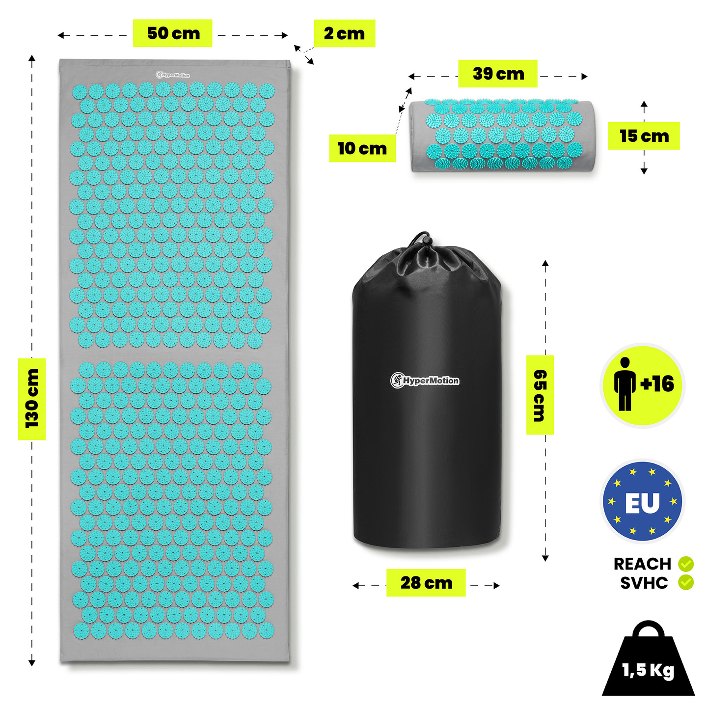 Große Akupressurmatte mit Kissen und Bezug – 130 cm HyperMotion grau-mint