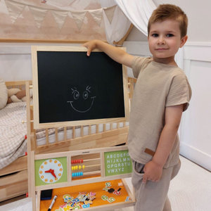Große doppelseitige Lehrtafel: Magnet- und Kreidetafel - Trockenlöschtafel, Holz