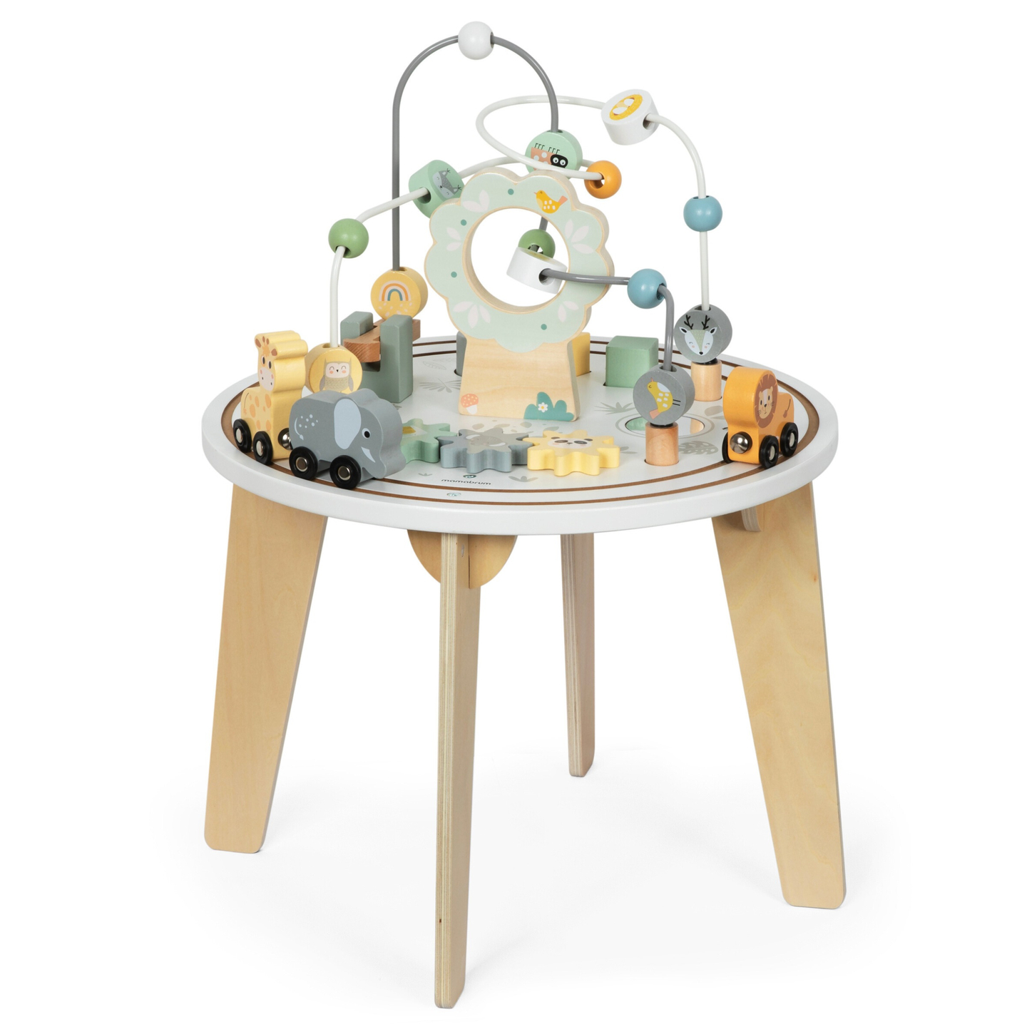 Runder Lerntisch aus Holz mit Magneteisenbahn und Perlenwerfer