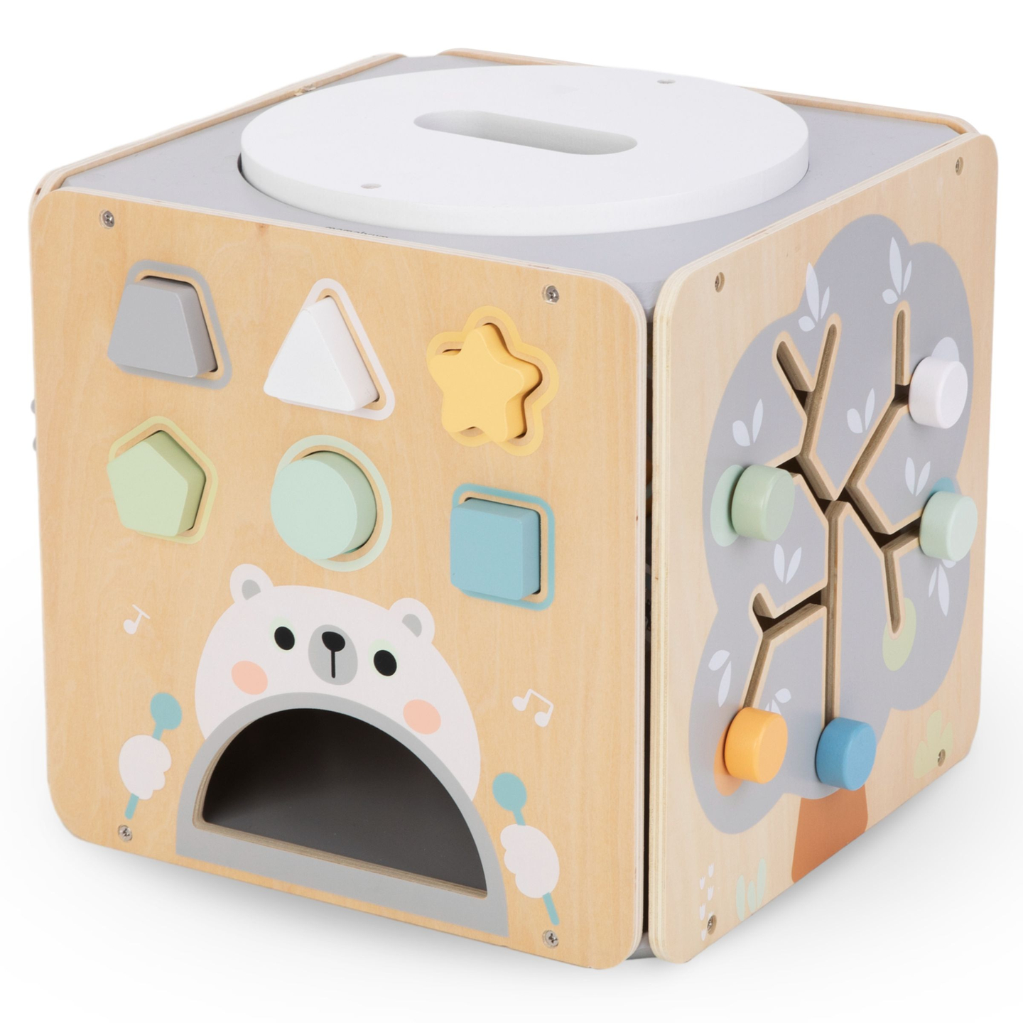 Großer Aktivitätswürfel aus Holz mit Schlaufe - Montessori