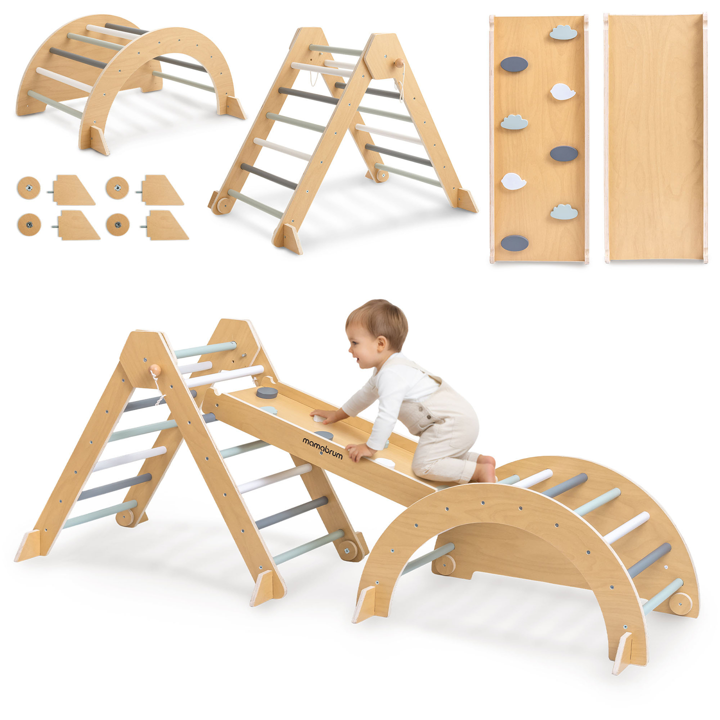 Indoor-Spielplatz aus Holz für Kinder – Kletterwand, Rutsche, Kletterbogen/-wippe und Pikler-Dreieck