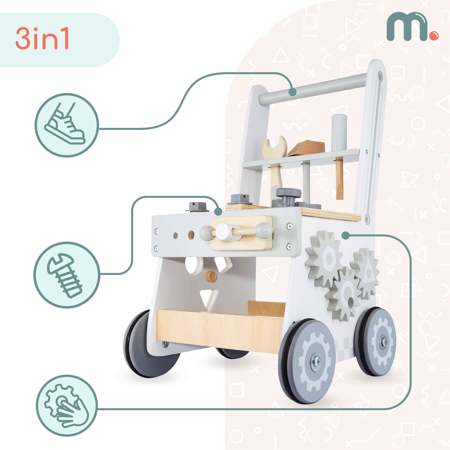 3-in-1-Walker aus Holz, Schieber + Werkstatt - 47 Elemente