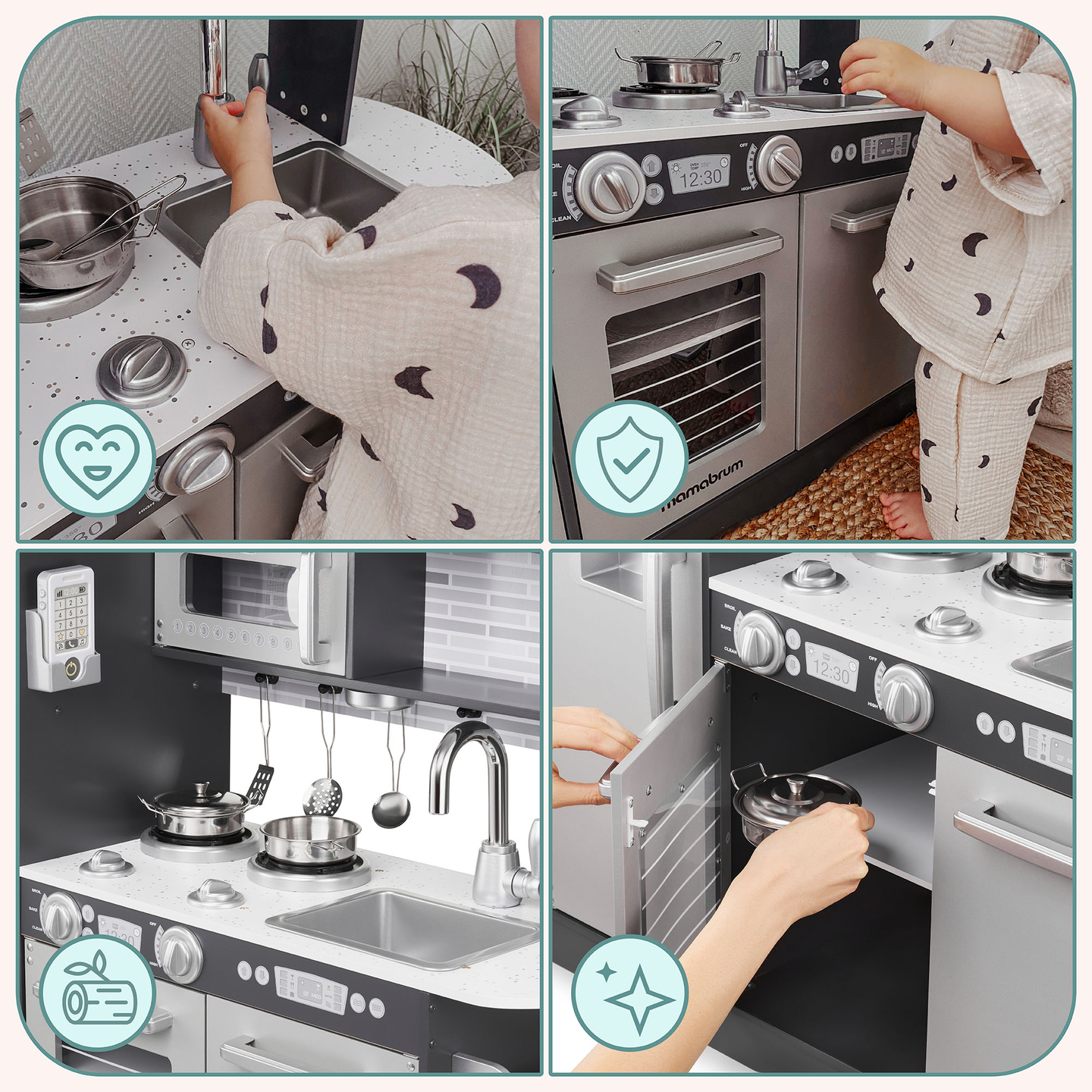 XXL-Holzküche mit LED-Beleuchtung, Schürze und Zubehör