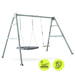 Doppelschaukel mit Zubehör - Stahlgestell - Storchennest, Schaukel und Hängematte
