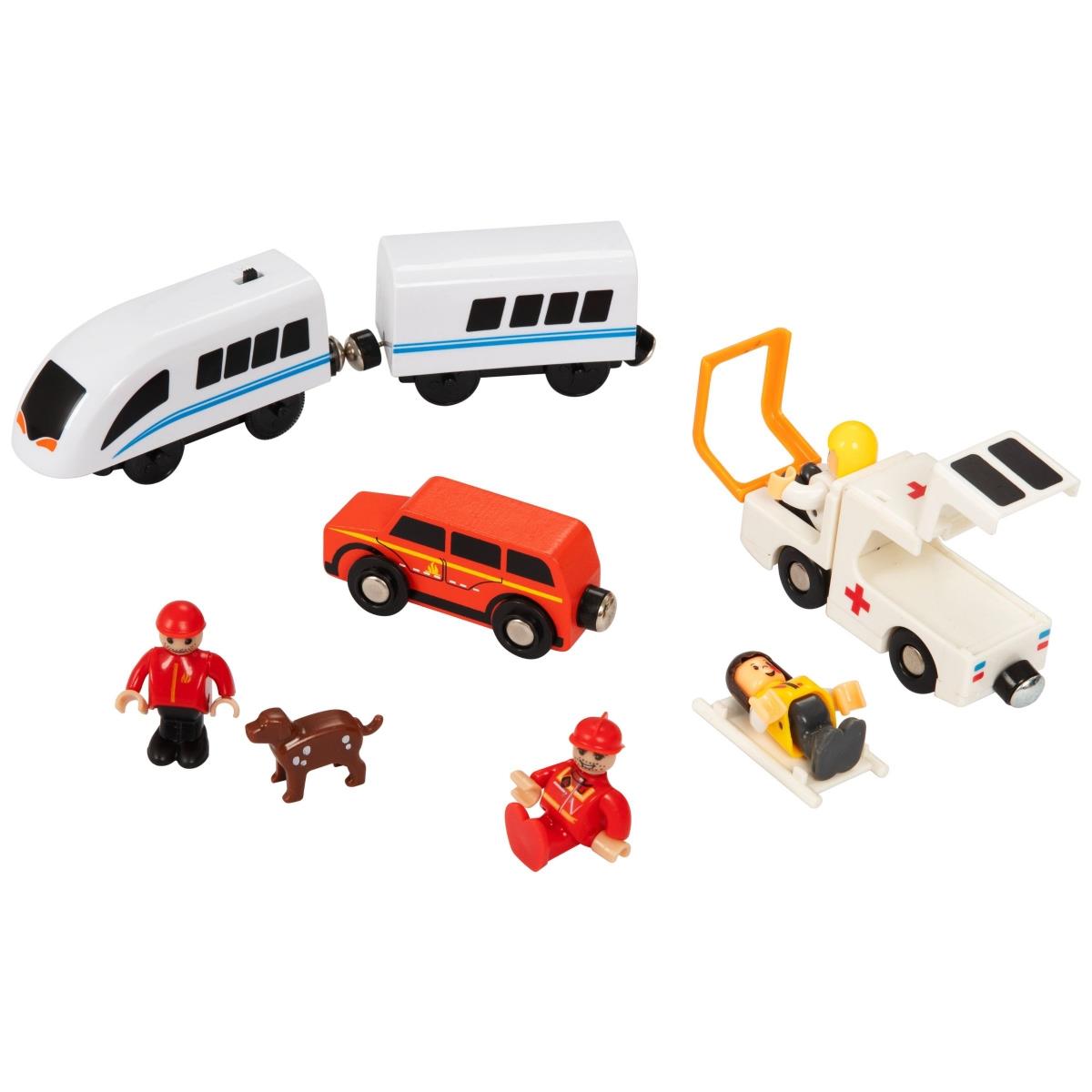 Holzeisenbahn, batteriebetriebener Zug – Feuerwehr, Gleise, Autos, Brücken, Schranke