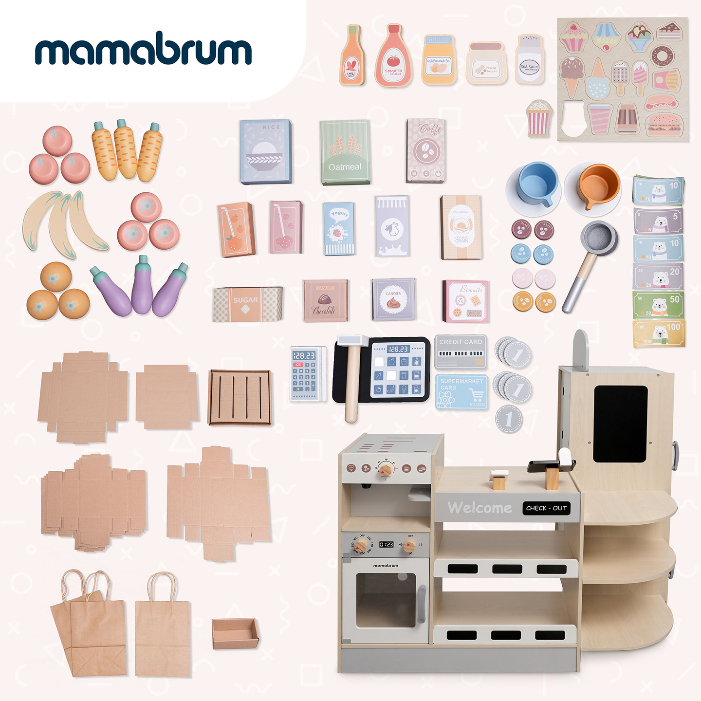 Großer XXXL-Holzladen für Kinder mit Schnellimbiss - Eckladen + Kaffeemaschine + Backofen + Kühlschrank - 106 ac.