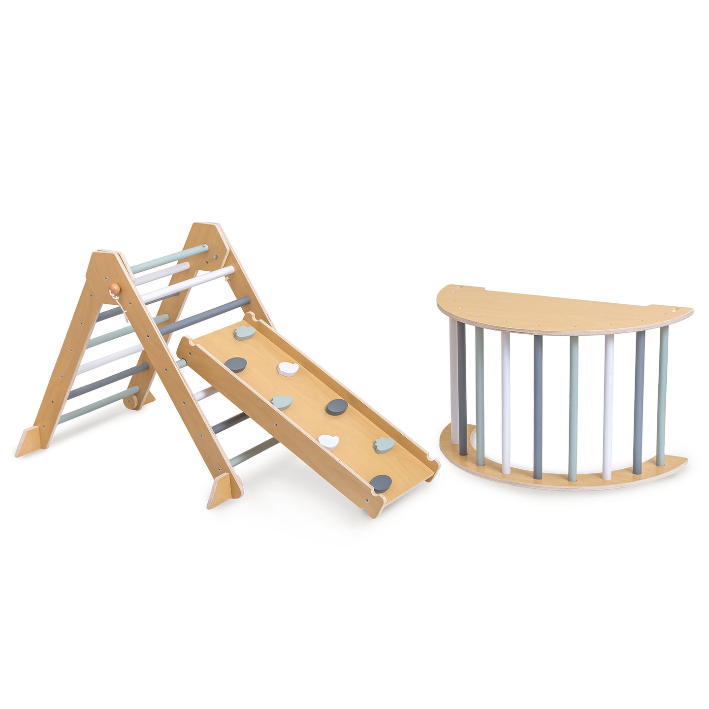 Indoor-Spielplatz aus Holz für Kinder – Kletterwand, Rutsche, Kletterbogen/-wippe und Pikler-Dreieck